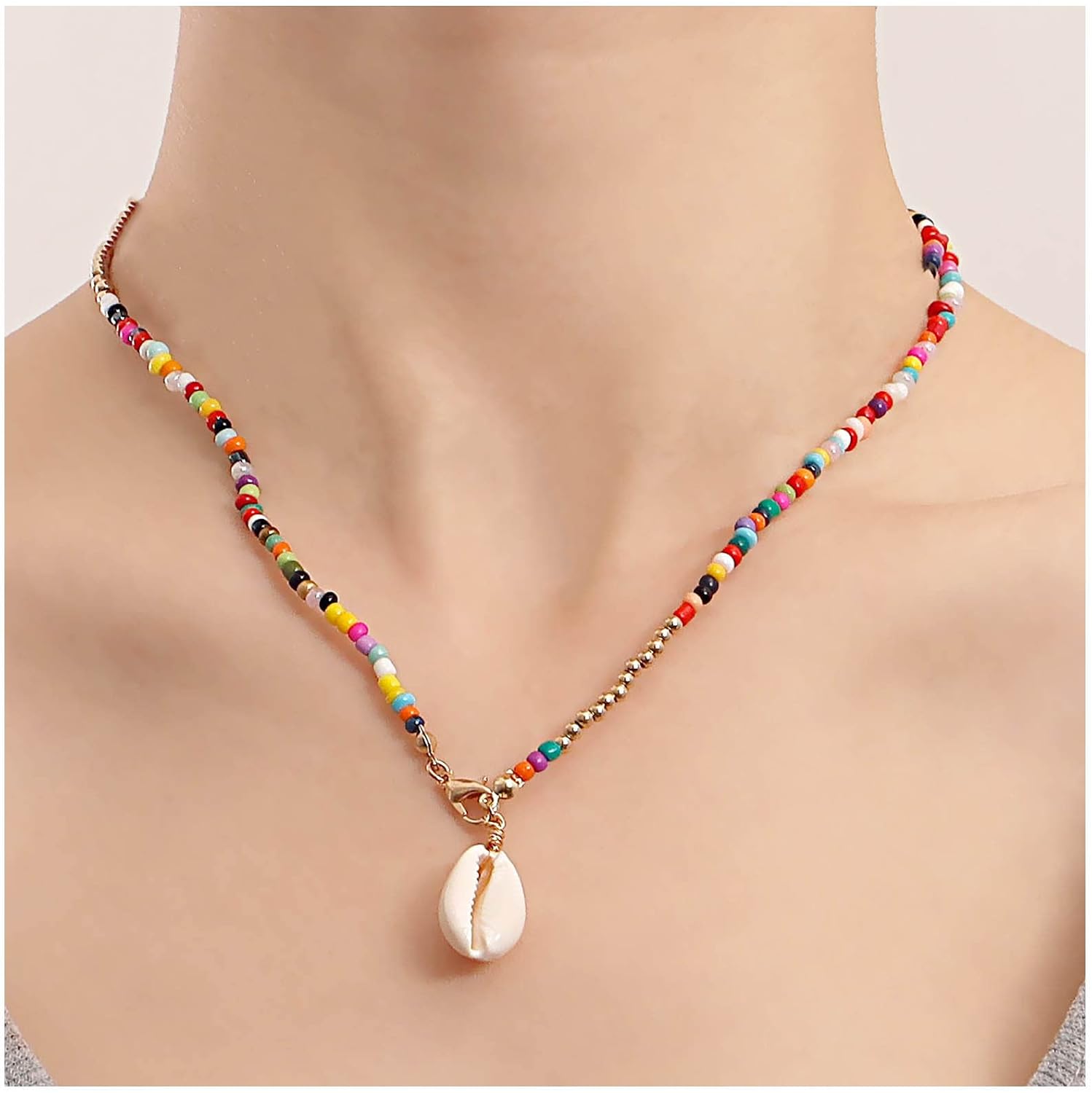 Boho Layered seed Bead Necklace Rainbow Beaded Choker Necklace Beach Shell Pendant Necklace sea shell necklace colorful rice bead necklace Jewelry for Women - Image 2