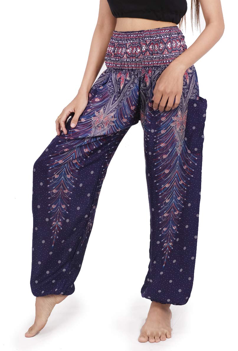 Banjamath® Women's Smocked Waist Harem Hippie Boho Yoga Palazzo Casual Pants, Peacock Blue, XL