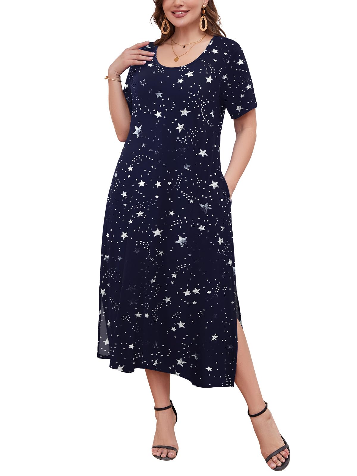LARACE Plus Size Maxi Dress, Womens Short Sleeve T Shirt Dress with Pockets