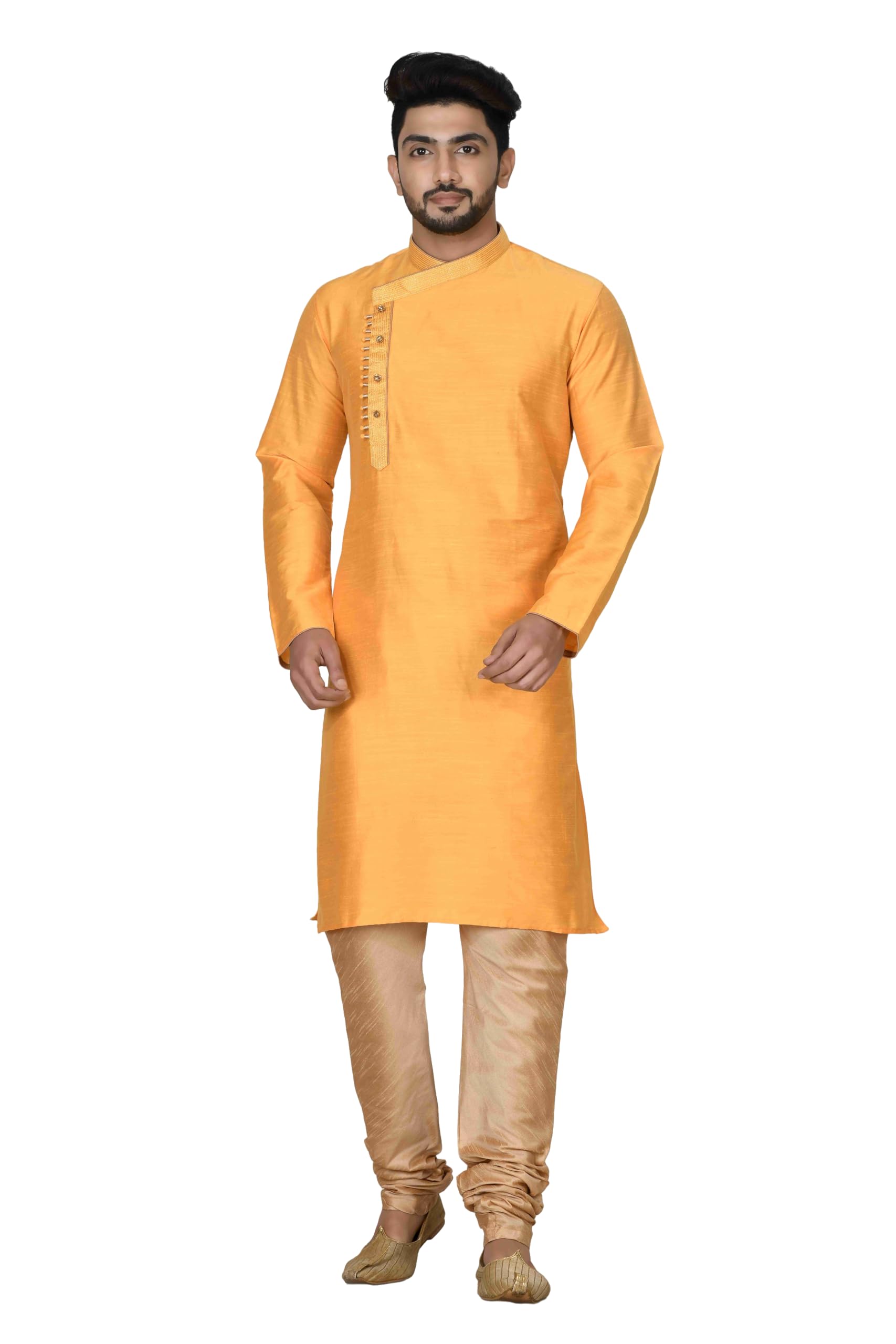 Yellow Mulbary Cotton Silk Kurta Pajama for Men | Resham Embroidery | Vibrant Ethnic Outfit (VLSMKP422_YW Size - 36)-image-26