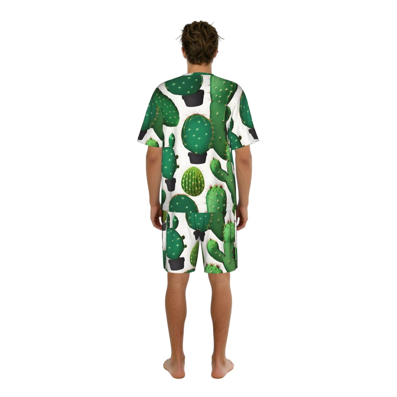 Conjunto de pijama clásico con estampado de cactus verde para hombre, pantalones cortos de pijama suaves para hombre, perfecto para las noches de verano
