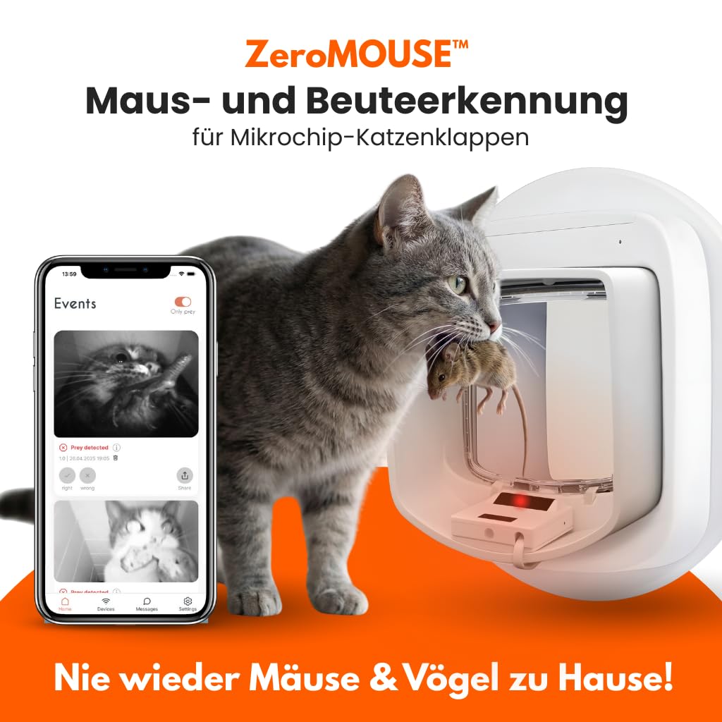 ZeroMOUSE 2.0 – Mauserkennung: Katzenklappen-Erweiterung für Beute- und Chiperkennung, Katzenklappe mit Mauserkennung, Katzenklappe mit Chiperkennung, App-Steuerung inklusive