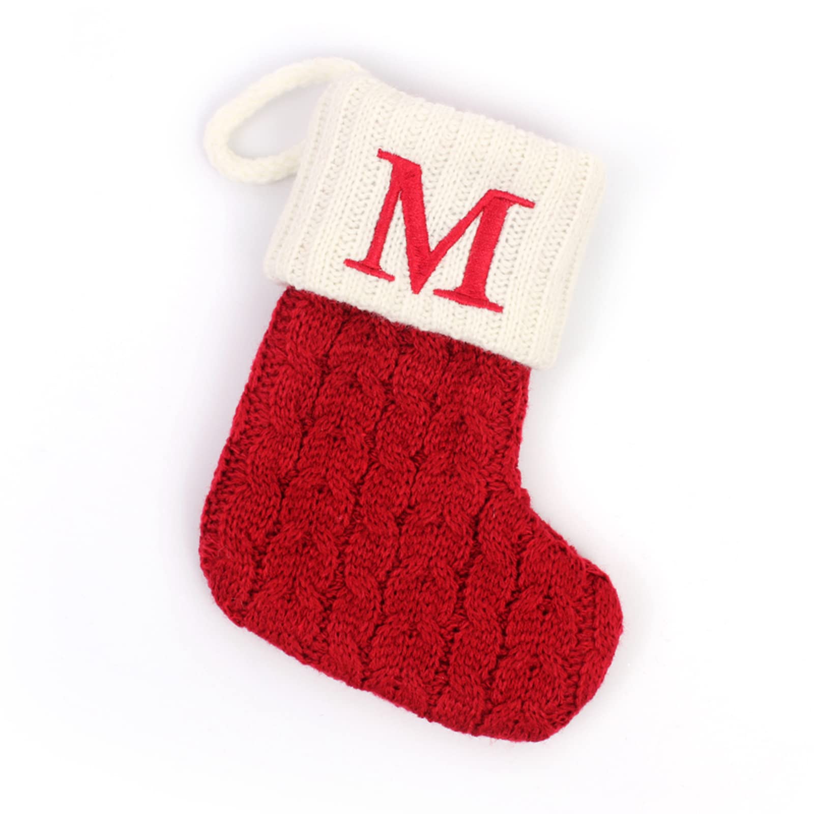 Initial Letter Christmas Stocking White Snowflake Knitted Christmas Tree Stockings Decorative Sock Hanging Ornament for Mantel Fireplace (Red M, 7inch)