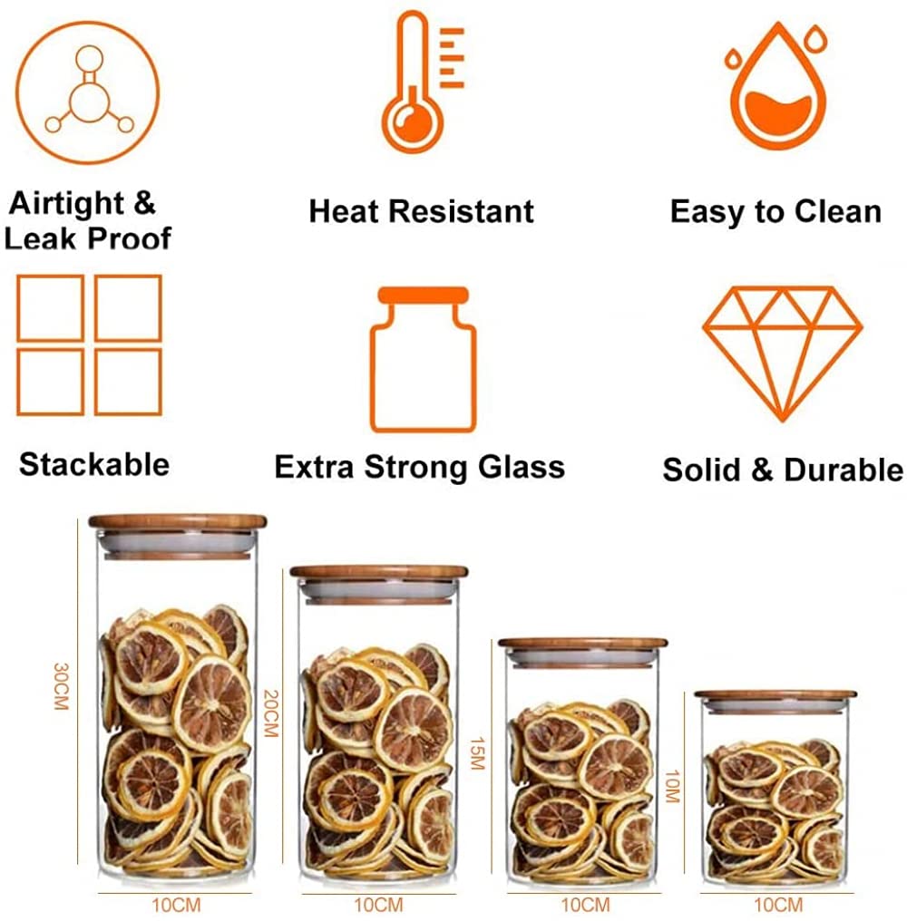 Lot de 4 distributeurs de céréales en verre avec couvercle en bambou et anneau d'étanchéité en silicone pour noix, pâtes, spaghetti, thé, café, collation