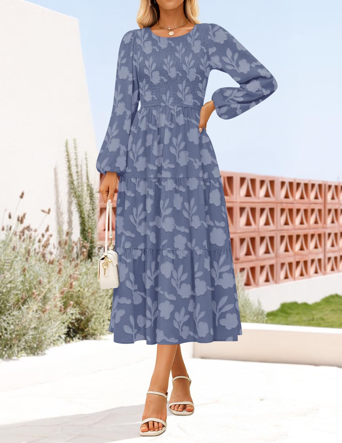 ZESICA Women's Fall Boho Floral Midi Dress 2026 Casual Long Sleeve Crewneck Flowy Wedding Guest Long Dresses - Image 3