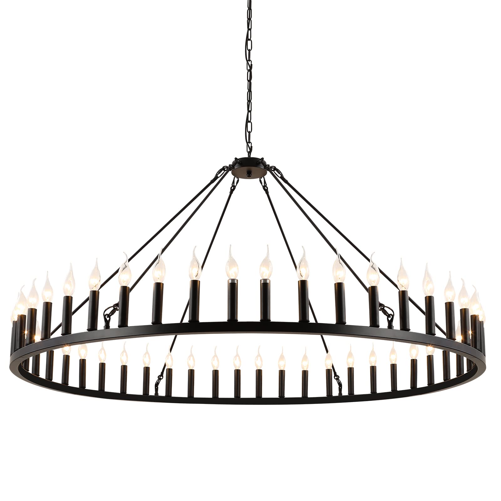 Wagon Wheel Chandelier 60" 48 Light, Black Round Chandelier, Large Candle Chandelier Lighting Adjustable Chain for High Ceilings, Dining Room, Living Room, Entrance Without Bulb