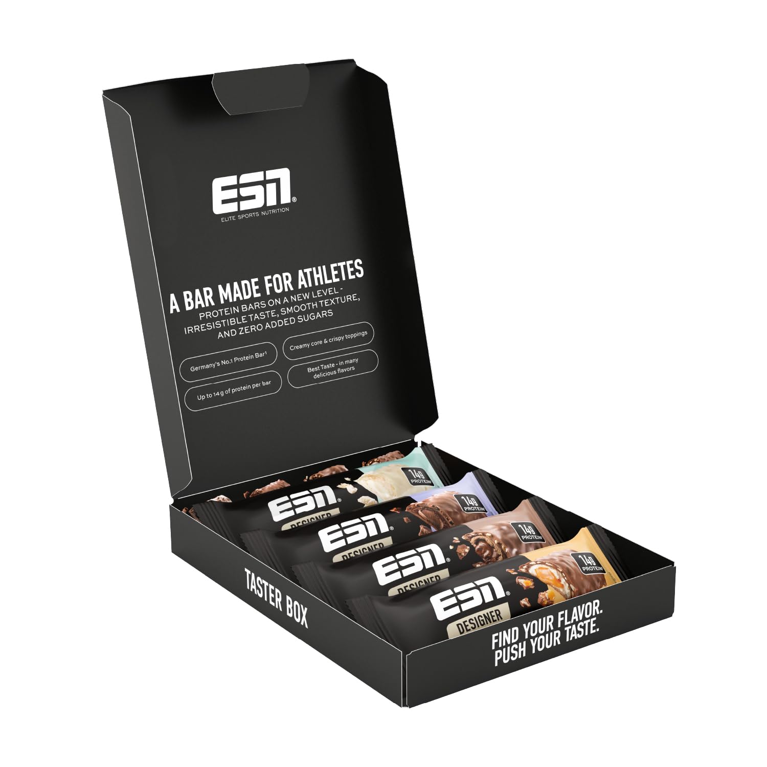 ESN Designer Protein Bar Taster Box, 4 x 45 g Protein Riegel, der ideale Snack mit bis zu 14 g Protein pro Riegel - made in Germany
