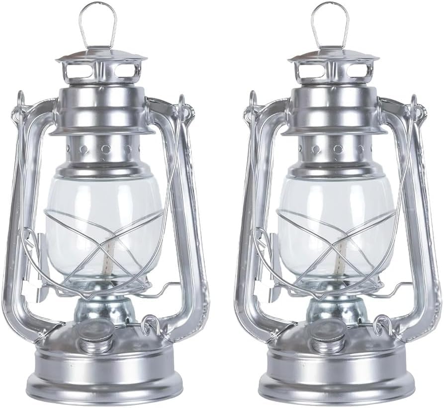 Stalllaterne: Nostalgische Petroleum-Sturmlaterne mit Glaskolben, Silver 24 cm Stalllaterne Petroleum, Sturmlampen, feuerfest (2 pcs Silver)
