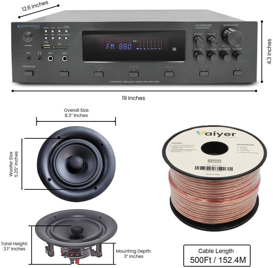 Home Stereo System Kit - 6 Channel 6000 W Bluetooth Amplifier w/ 10 Qty of 5.25" Frameless in-Wall in-Ceiling Speakers 175W Each, 2 Qty of Wired Mic, 500 ft Speaker Wire & Remote by Technical Pro