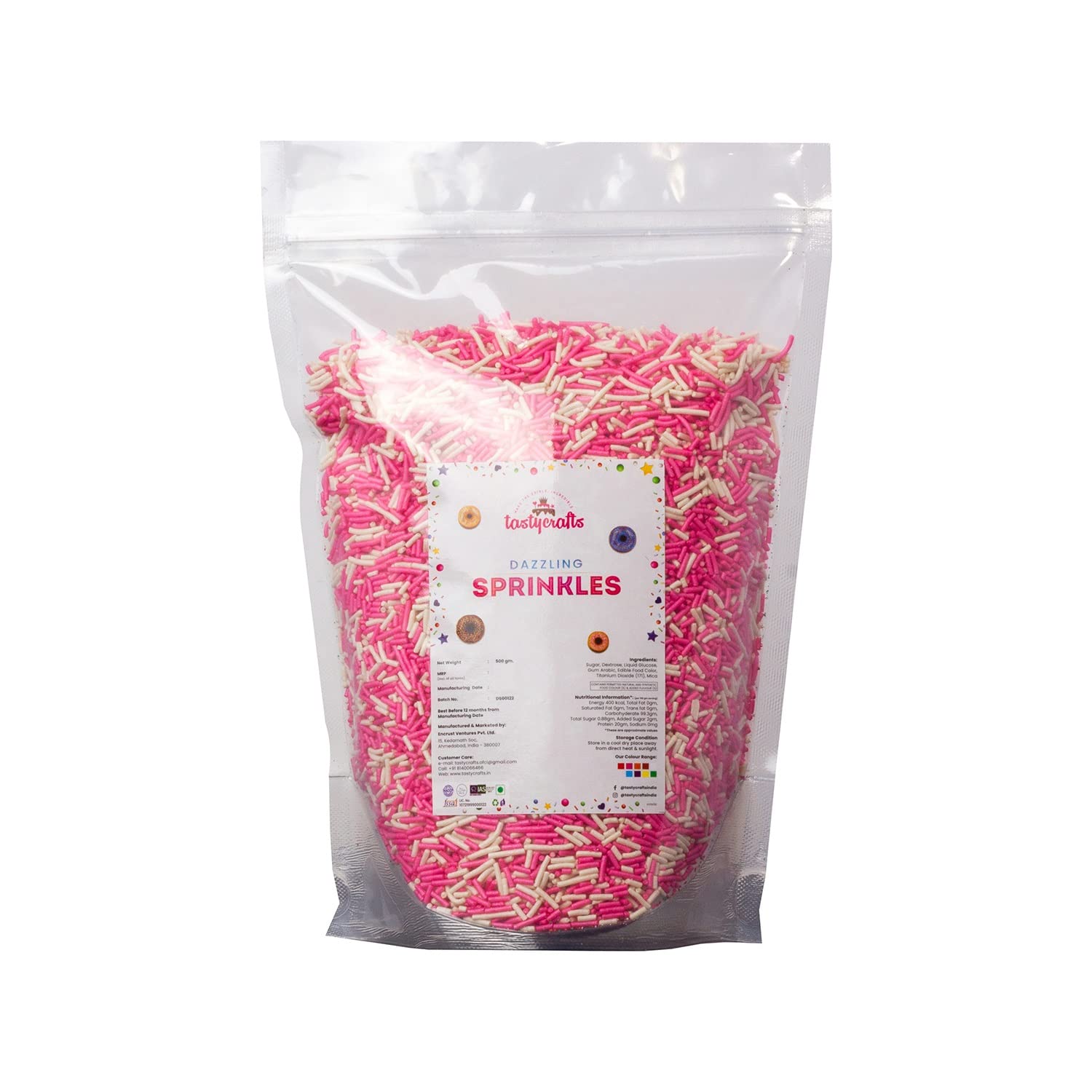 Tastycrafts Vermicelli Sprinkles, 500 GM | Edible Sweet Candy Topping | Sprinkle for Cake, Cupcake, Brownies, Dessert, Pastry, Cookies Decoration | Baking Cake Items | Cake Topper Décor - Pink & White