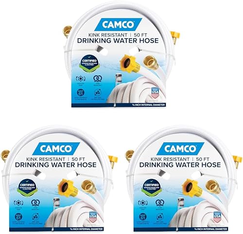 Camco TastePURE 50-Ft RV Drinking Water Hose - Contains No Lead, No BPA & Phthalate - Features Diamond-Hatch Reinforced PVC Design - 5/8” Inside Diameter, Made in the USA (22793) (Pack of 3)