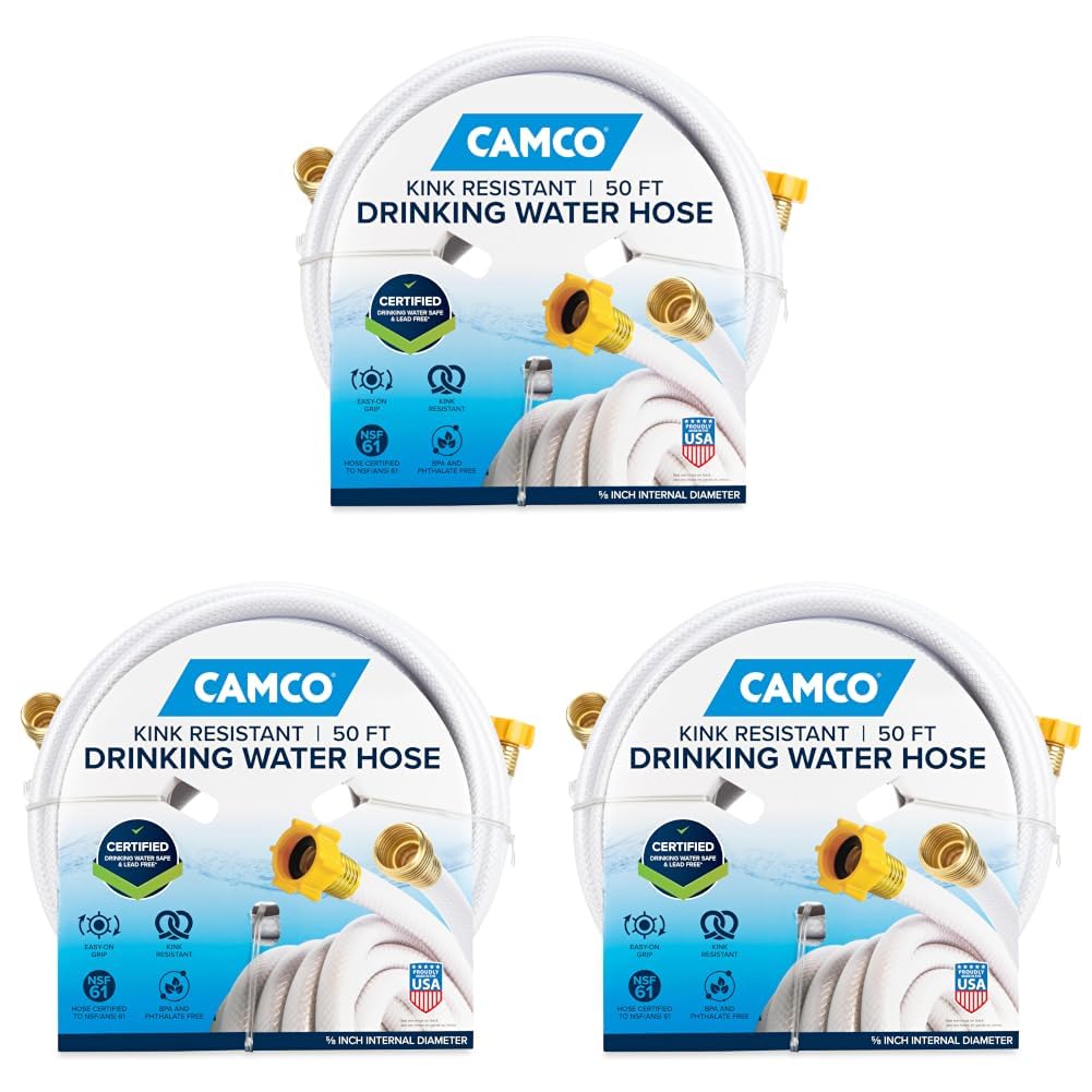 Camco TastePURE 50-Ft RV Drinking Water Hose - Contains No Lead, No BPA &amp; Phthalate - Features Diamond-Hatch Reinforced PVC Design - 5/8” Inside Diameter, Made in the USA (22793) (Pack of 3)