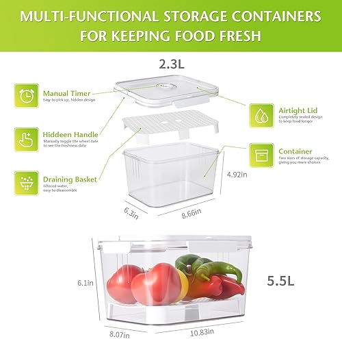 Miniatura 3 de 2 recipientes de almacenamiento de frutas para refrigerador con temporizador y colador, caja de pan de 5.5 L+2.3 L, sin BPA, recipientes de