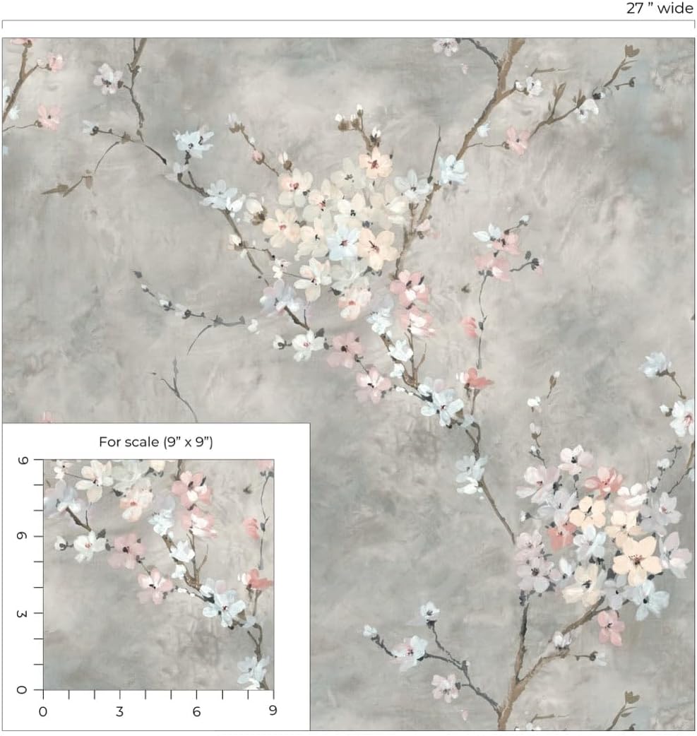 NextWall Harry & Grace Floral Blossom Peel and Stick Wallpaper (Grey)
