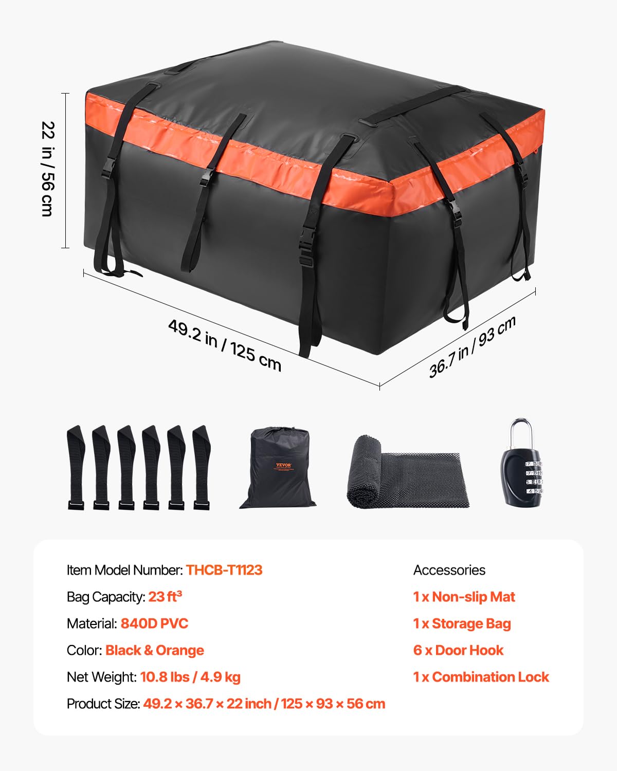 VEVOR Borsa Portapacchi per Auto da Tetto da 0,65 m³ Borsa Portatutto per Auto, per Tutti Veicoli con/senza Portapacchi, con Serratura, Tappetino Antiscivolo, Ganci per 6 Porte, Nero e Arancione