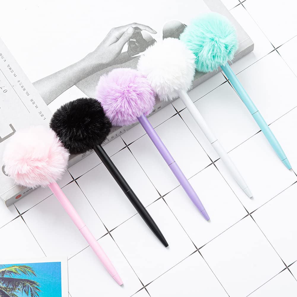 JIHUOO 4 Pcs Pom Pom Ballpoint Pens, Fluffy Ball Cute Plush Pastel Writing Supplies for Women Girls - Image 2