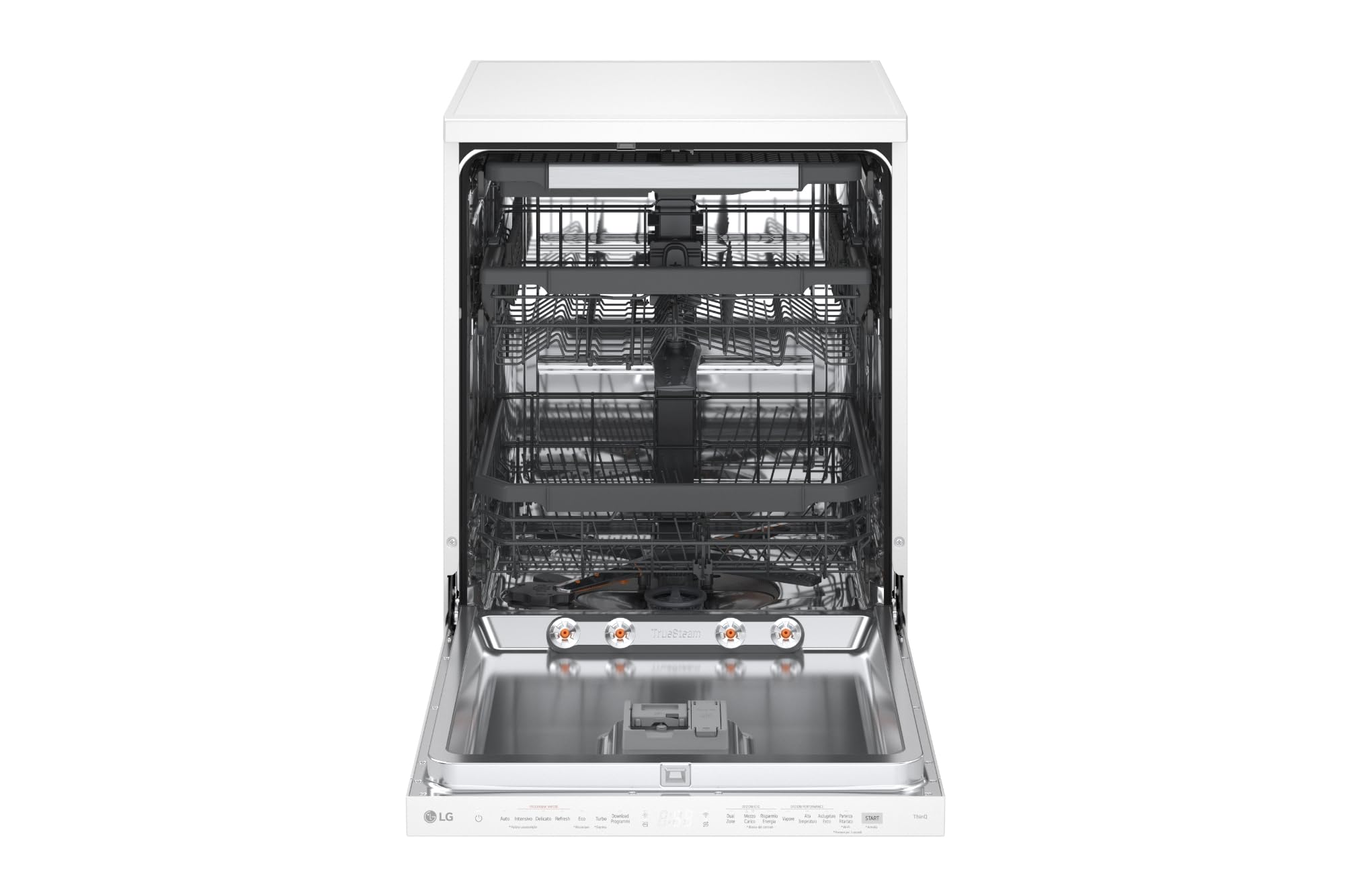 LG DF375HWS Lavastoviglie Libera Installazione Classe A, 14 Coperti, Lavaggio a Vapore TrueSteam, LED Esterno, Sistema QuadWash con 4 Bracci Irroratori, Serie 5, Auto-Apertura, 43dB, Wi-Fi, Bianco