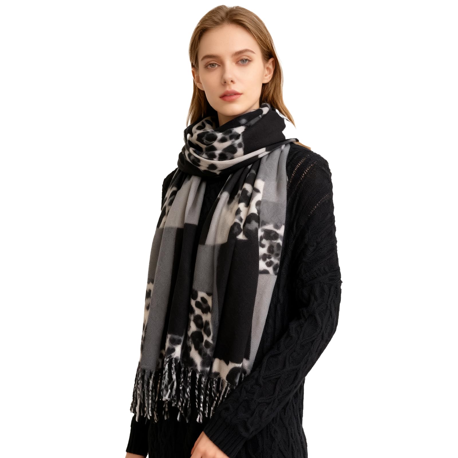 ZCJ Schal Damen Warm Herbst Winter Leopardenmuster - Kaschmir Gefühl Leo Halstuch mit Fransen, Winterschal für Damen als Premium Tuch & Animal Print Schals und Tücher für Abendkleid