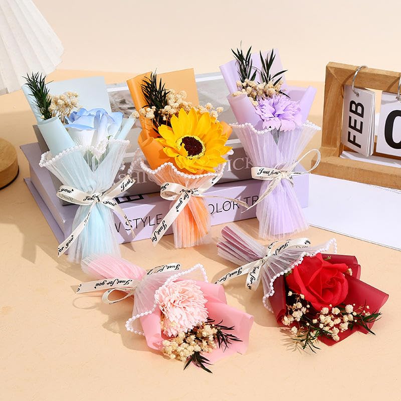 Image of Mini Artificial Chrysanthemum Flower Bouquet with Pearl Net Wrap & inchJust for You inch Ribbon | Small Gift for Valentine, Birthday, Proposal, Home & Desk Decor (Pink)