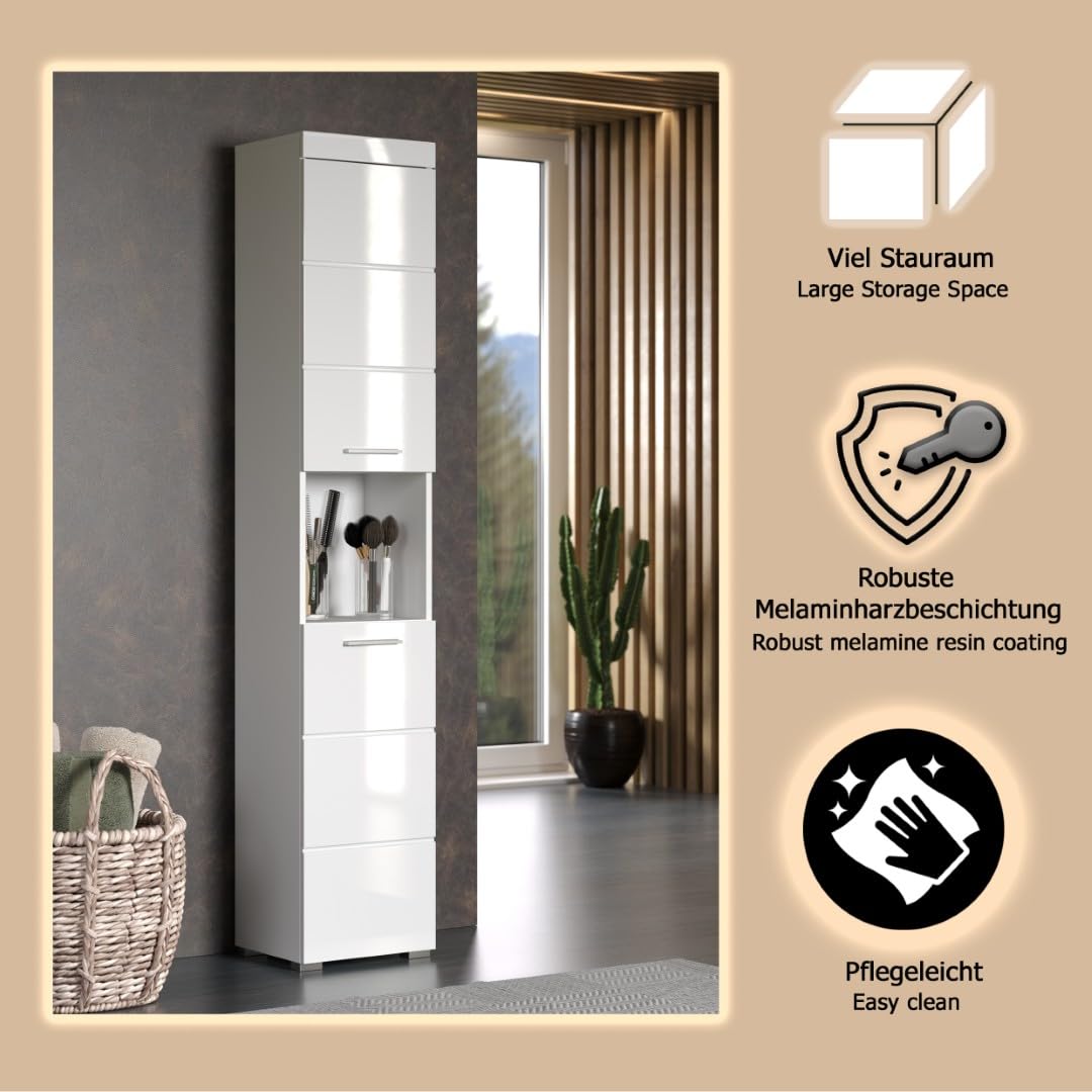 trendteam smart living - Amanda - Hochschrank - Weiß Hochglanz - Badezimmerschrank mit 2 verstellbaren Einlegeböden - (BxHxT) 37 x 190 x 31 cm - moderner Badschrank mit 4 Fächern und Einer Ablage