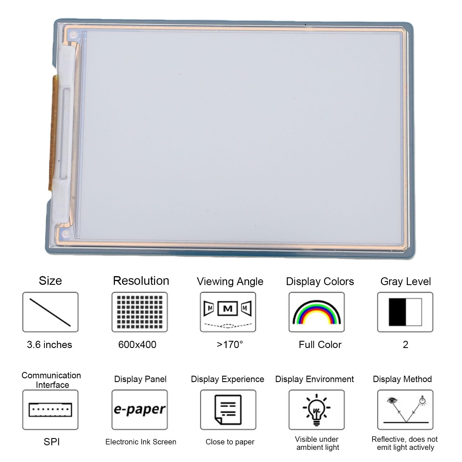 Jiawu Display E-Ink da 3,6 Pollici, Modulo E-Paper a Colori da 600 X 400, Schermo a Inchiostro Elettronico con Scheda Driver Interfaccia SPI per Ras Pi e Schede di Sviluppo