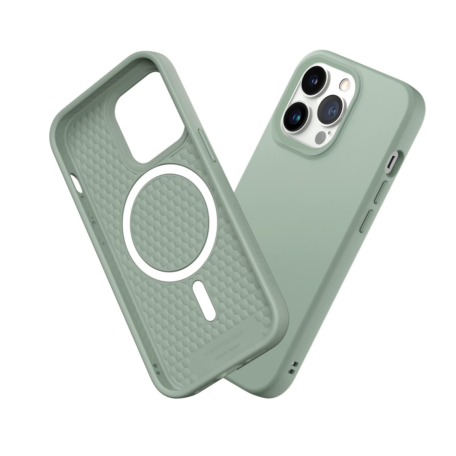 Coque iPhone 13 Pro fine protection antichoc Magsafe silicone rigide vert sauge mate