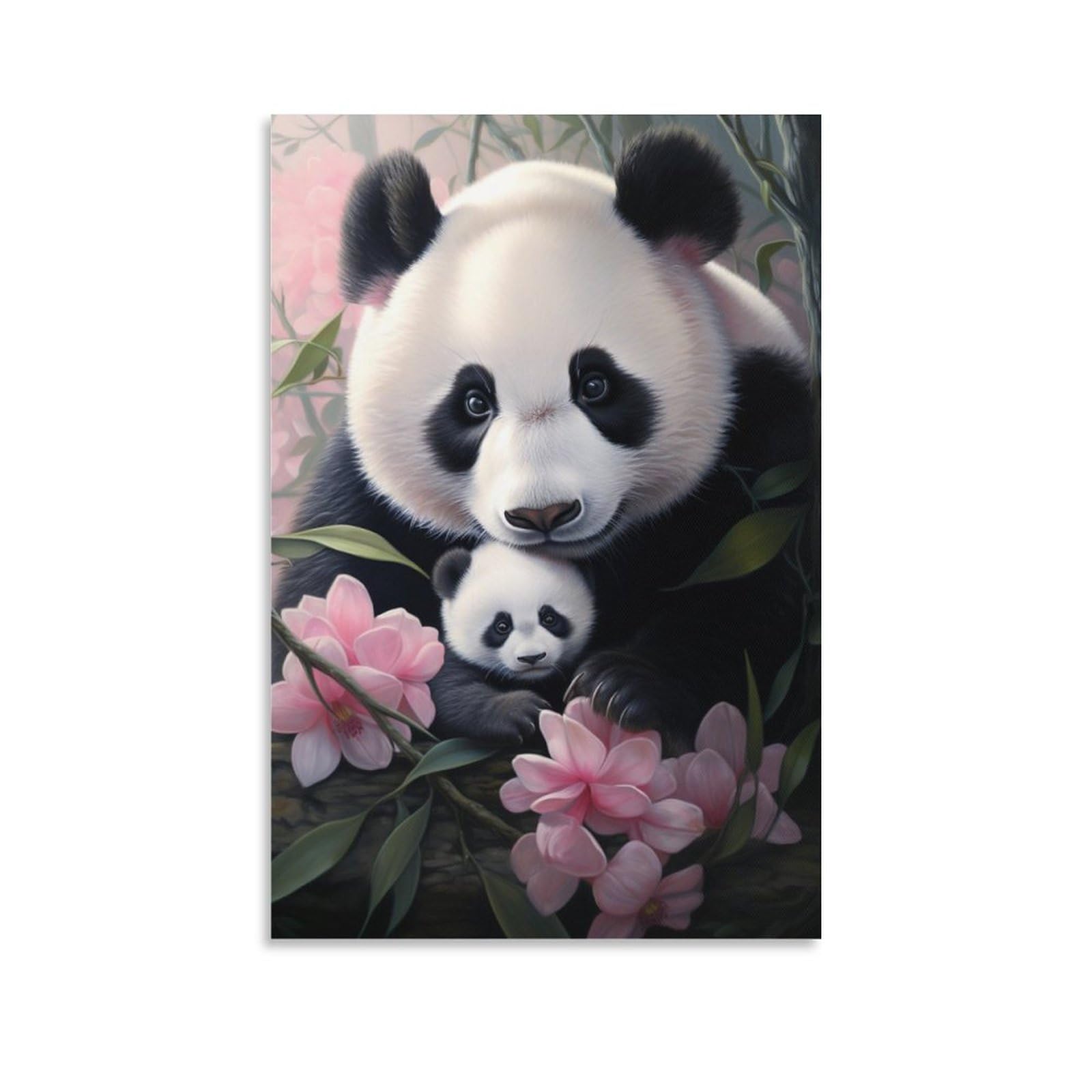 Foccar Unframe-Flower Panda Flower Panda Canvas Wall Decor Countryside Panda Mom And Baby Poster Wall Art For Living Room Bedroom Artwork