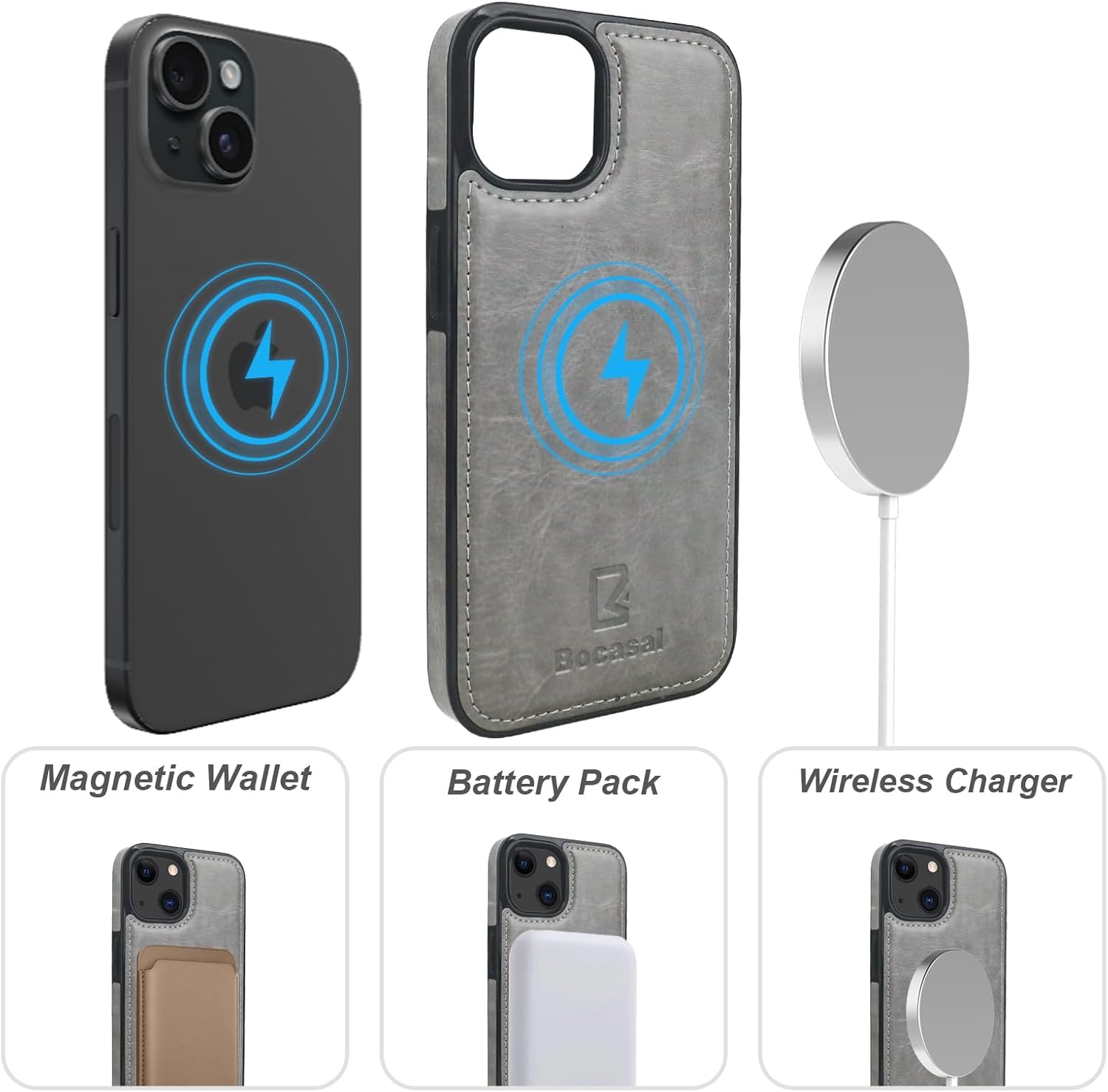 Bocasal for iPhone 13 Wallet Case Compatible with MagSafe Wireless Charging, RFID Blocking Magnetic Leather Case with Card Slots Holder Kickstand Detachable Wrist Strap 6.1 Inch (Grey)