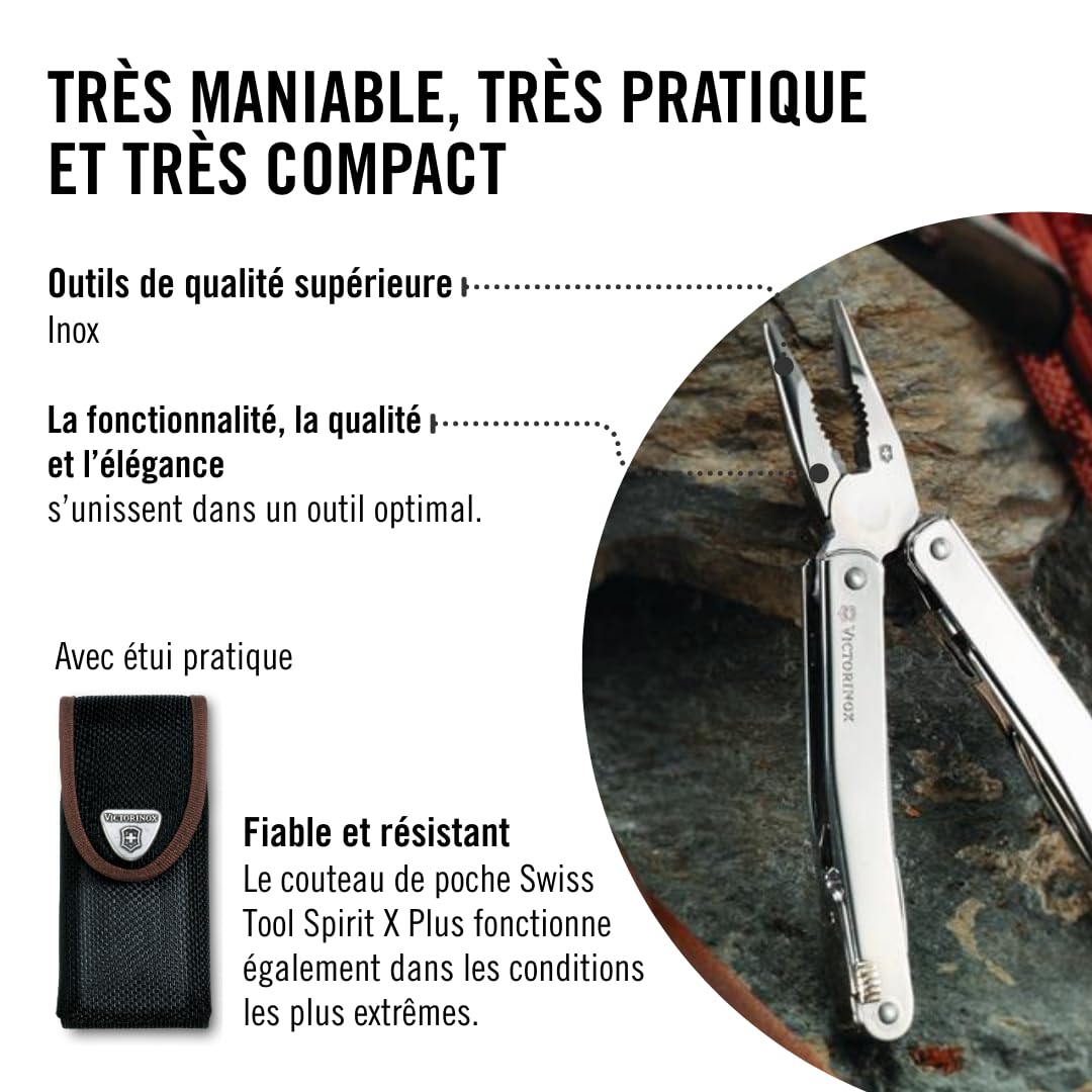 VICTORINOX Outil Multifonction Swiss Tool X Plus, 35 Fonctions, Swiss Made, Multifonction avec Lame Blocable, y c. Étui-Ceinture Nylon, Argent