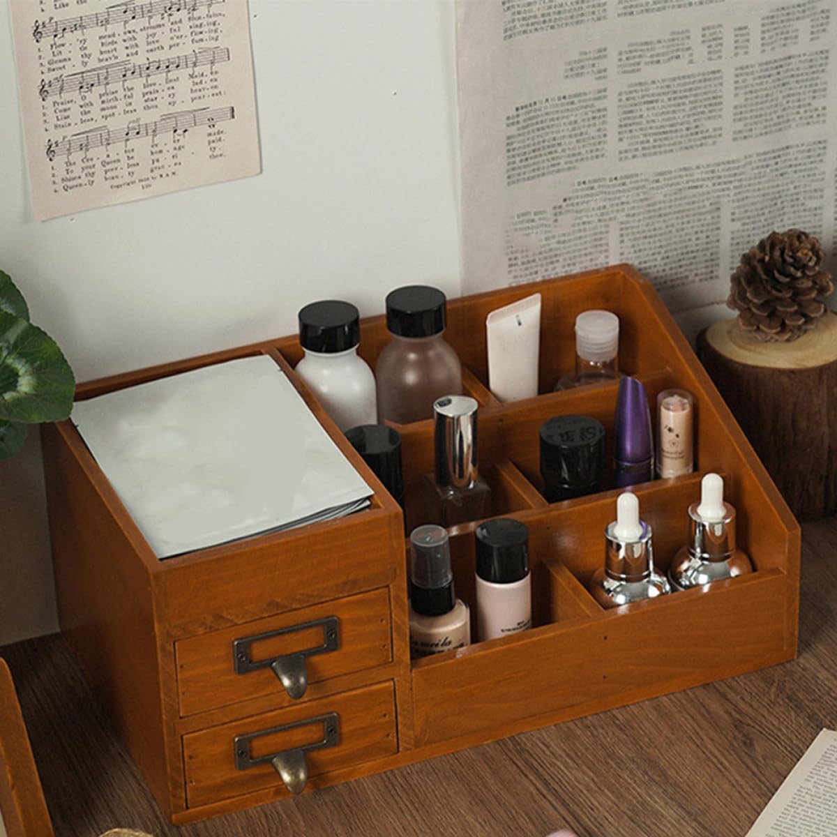 Porta Oggetti da Scrivania in Legno 6 Scomparti e 2 Cassetti, Organizer Multifunzionale per Piccoli Oggetti, Elegante e Decorativo per Casa e