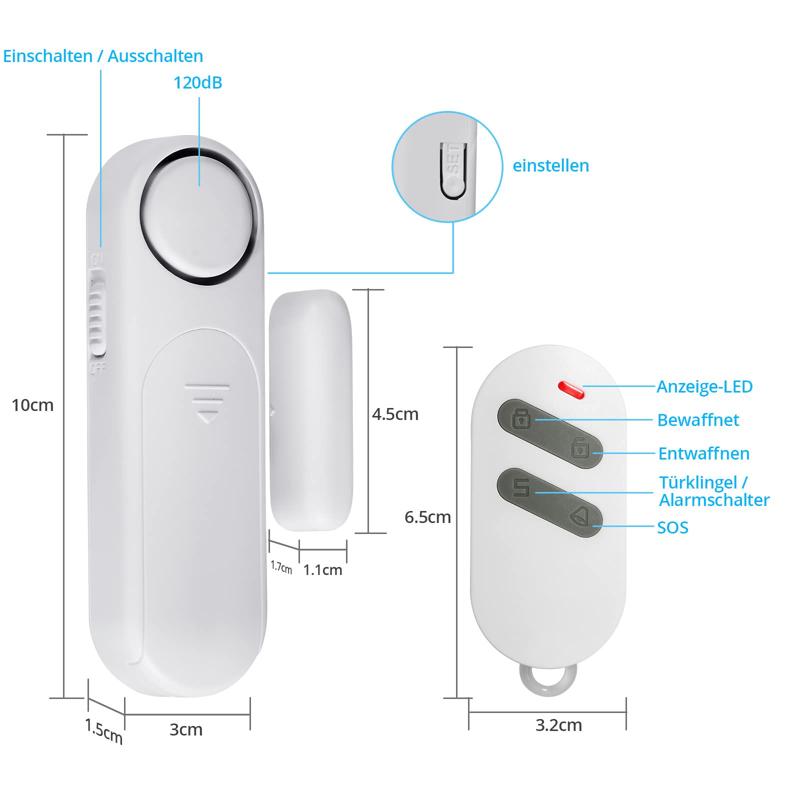 Fensteralarm,Türalarm mit 3 Fernbedienungen, Drahtloses Home Security Alarmanlage Magnetsensor 120dB 3 Modi Fensterkontakt Sensor Alarm für Einbruchschutz Anti-Diebstahl