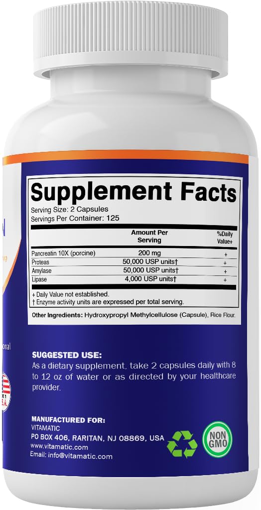 Vitamatic Pancreatin 10X Digestive Enzymes – 250 Capsules – Made with Protease 50,000 USP, Amylase 50,000 USP & Lipase 4,000 USP – Supports Protein, Carb & Fat Digestion – Non-GMO – Made in USA — Amazon image 8