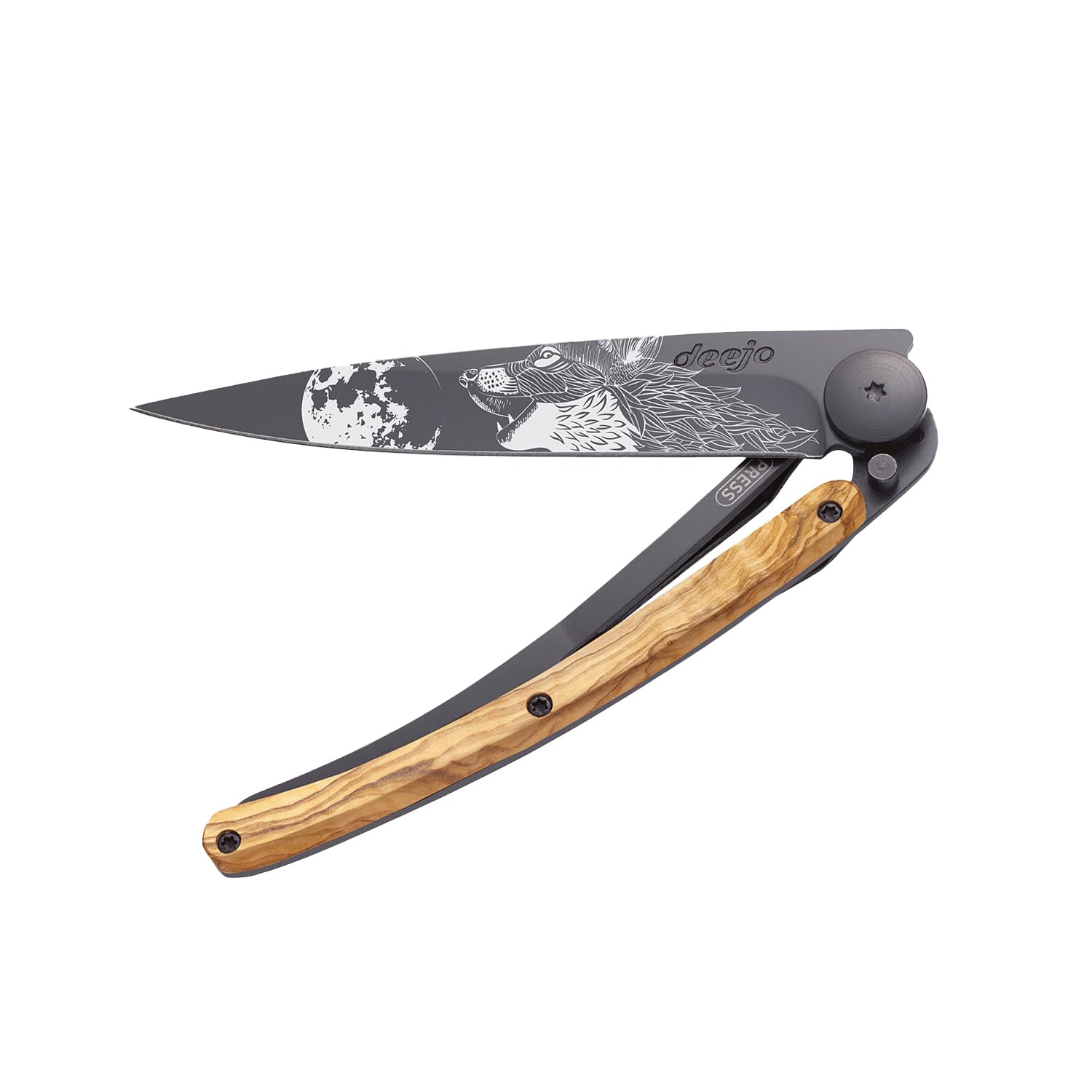 deejo - Couteau de Poche Pliant 37g avec Clip Ceinture - Manche en Bois d’Olivier, Lame en Acier Inoxydable Z40C13 - Motif Hurlement - Couteau de Table, Randonnée, Camping, Bivouac