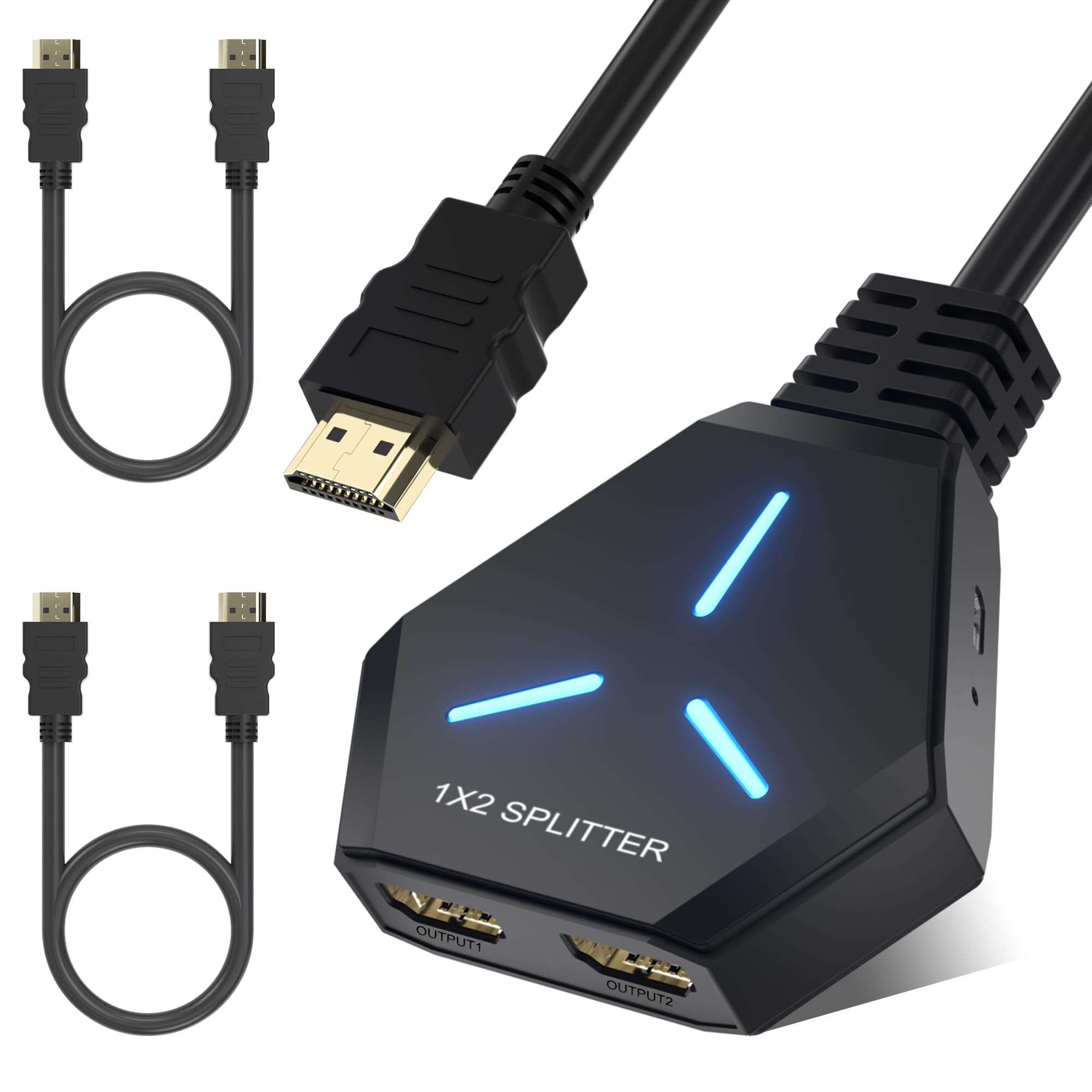 Hxwlo HDMI Splitter, HDMI Splitter 1 in 2 Out for Dual Monitors Supports 4K 3D Full HD 1080P Compatible For/PS4/PS3/Blu-Ray Player/MacBook/HDTV (Includes 2 HD-MI Cable)