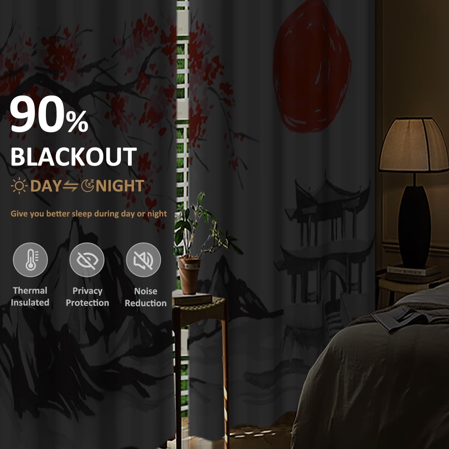 Japanese Blackout Curtains Cherry Blossoms Tower Mt. Fuji Red Sun Window Drapes for Bedroom Living Room Home Decor Asian Style Ink Painting Window Curtain Treatment 2 Panel Set,21x54inch
