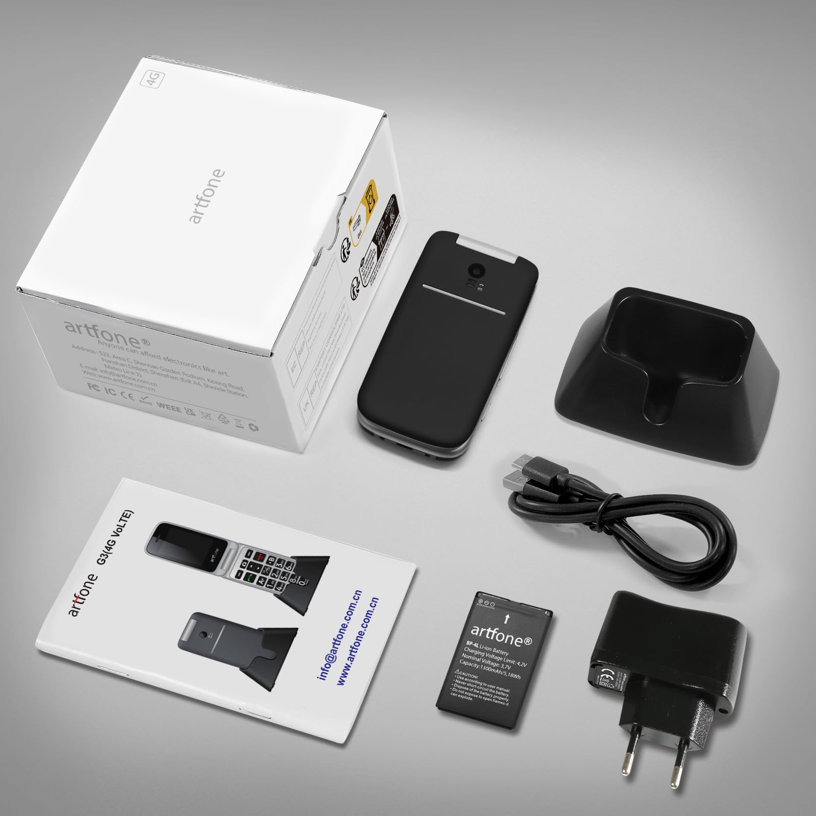 artfone G3 Schwarz - 4G Seniorenhandy Klapphandy Ohne Vertrag丨Rentner Handy große Tasten丨SOS Notruftaste丨Ladestation丨Lautsprecher丨Kurzwah丨Handy für Senioren丨FM Radio丨2,4 Zoll Farbdisplay丨1300mAh Akku