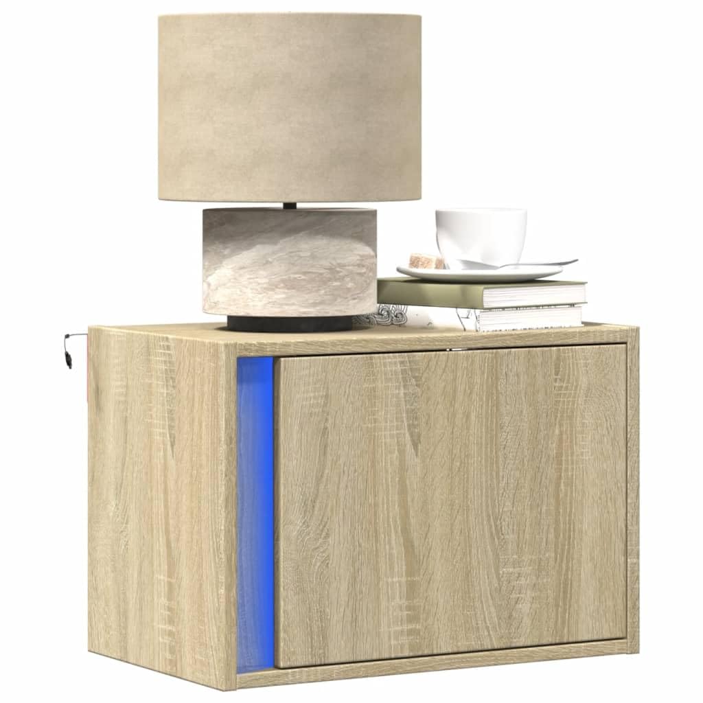 Wandmontierter Nachttisch mit RGB LED Beleuchtung und Schublade - Moderner Nachtitsch aus Holzwerkstoff mit USB-Anschluss und platzsparendem Design fürs Schlafzimmer
