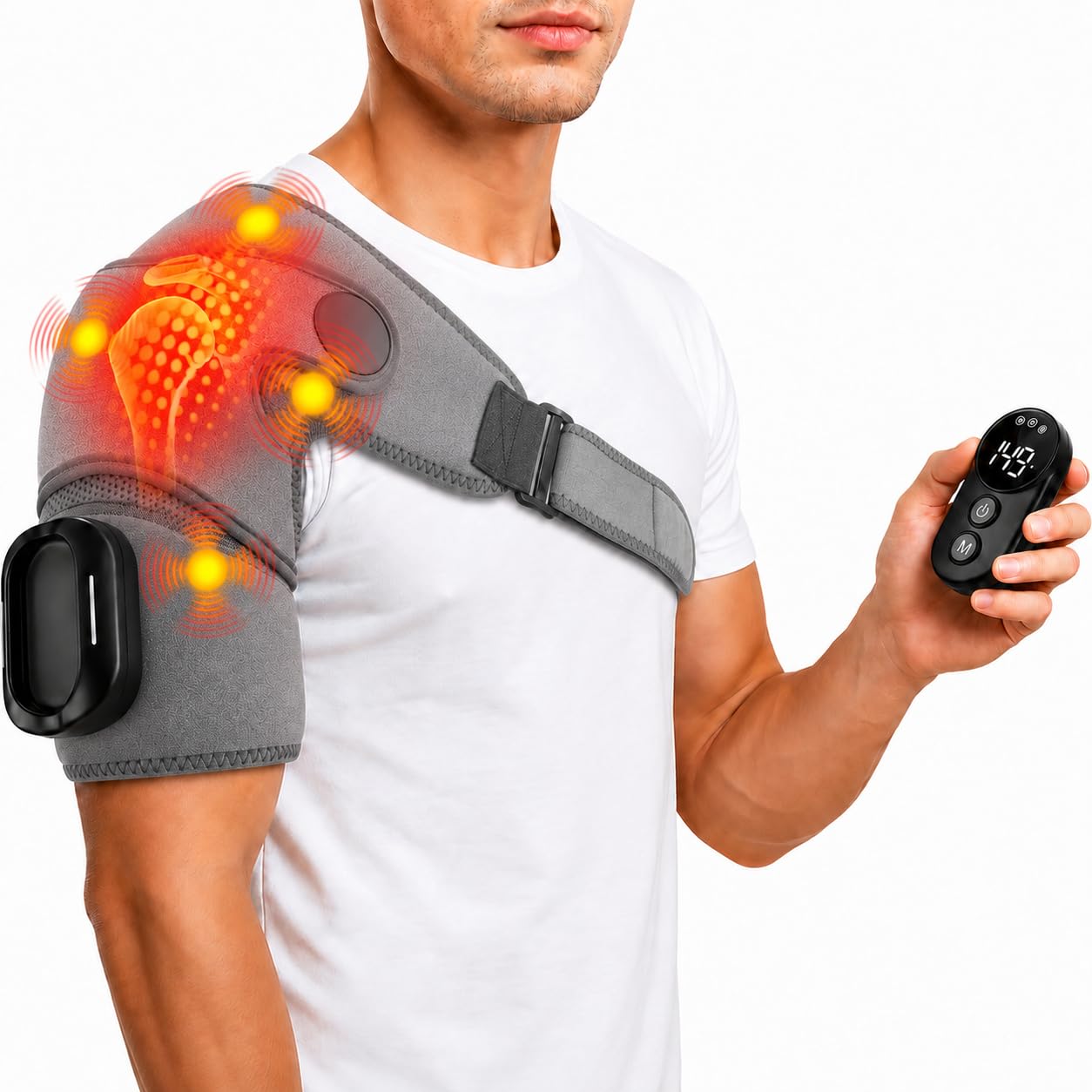 Schulter Massagegerät, 3-in-1 Massagegerät mit magnetischer Steuerung, Schulterbandage mit 5 Heizstufen & Vibration, 5000mAh Akku, 6600r/min Motor Schultermassagegerät für Zuhause & Büro, Grey