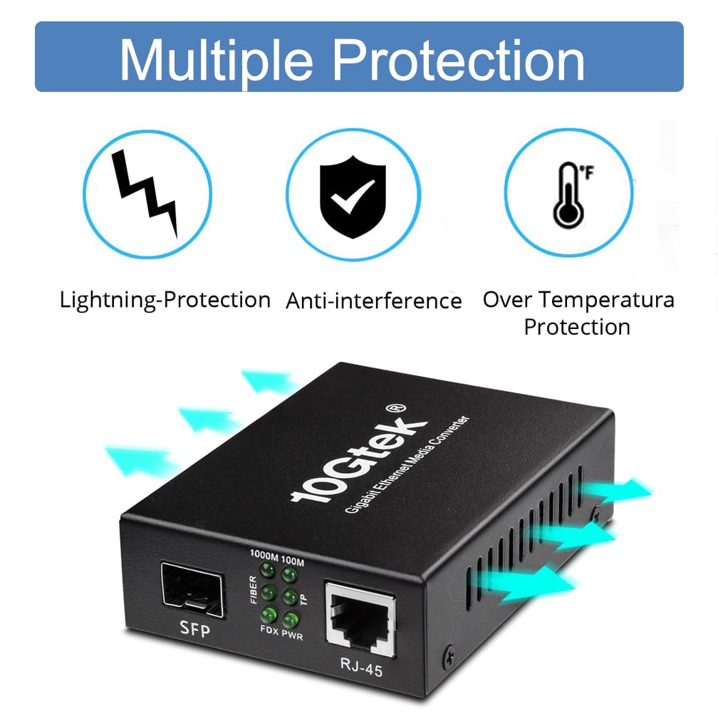 Lot de 2 convertisseurs de média Gigabit SFP vers RJ45, convertisseur fibre vers Ethernet, port RJ45 10/100/1000 Mbps vers port SFP à fibre ouverte 1000 Mbps, jusqu'à 120 km, auto-négociation, boîtier