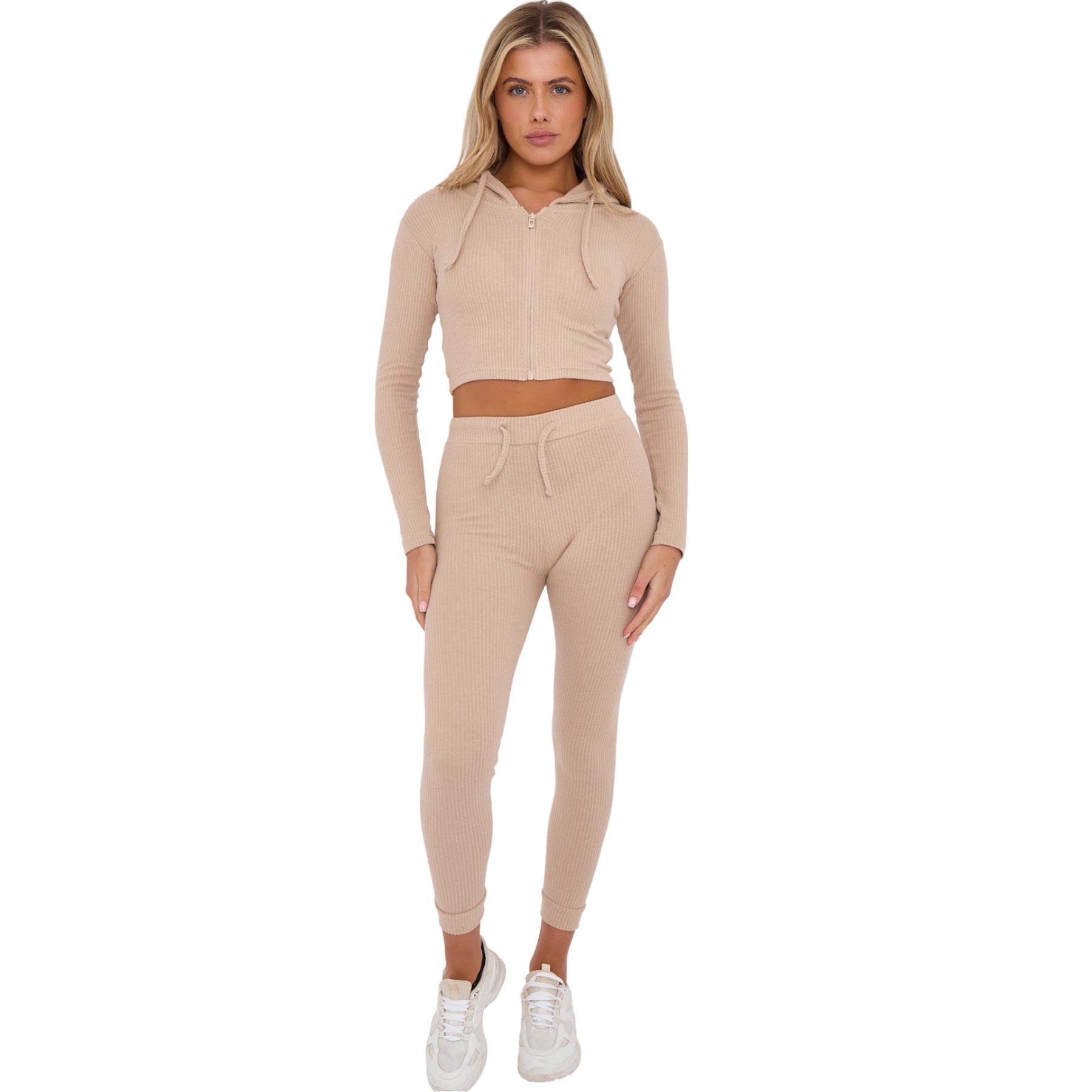 Geripptes Co-ord-Set für Damen, lässige Loungewear-Sets für Damen, mit Reißverschluss und hoher Kordelzug an der Taille, Leggings, Fitnessstudio-Set, Damen-Trainingsanzüge zum Laufen,
