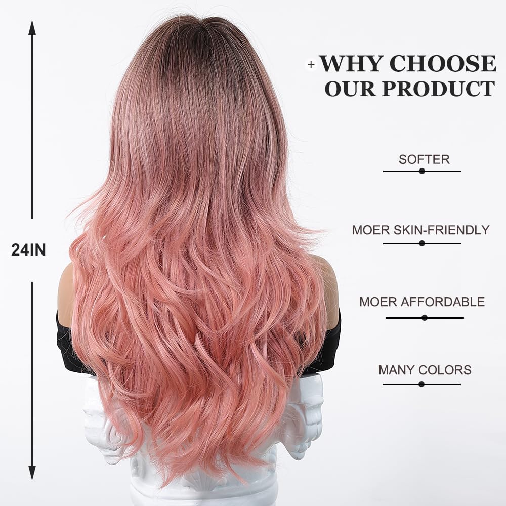 Esmee Long Wave Ombre Pink Wig for Women with Curtain Bangs Natural Synthetic Hair Wigs for Daily Party Use - Image 4