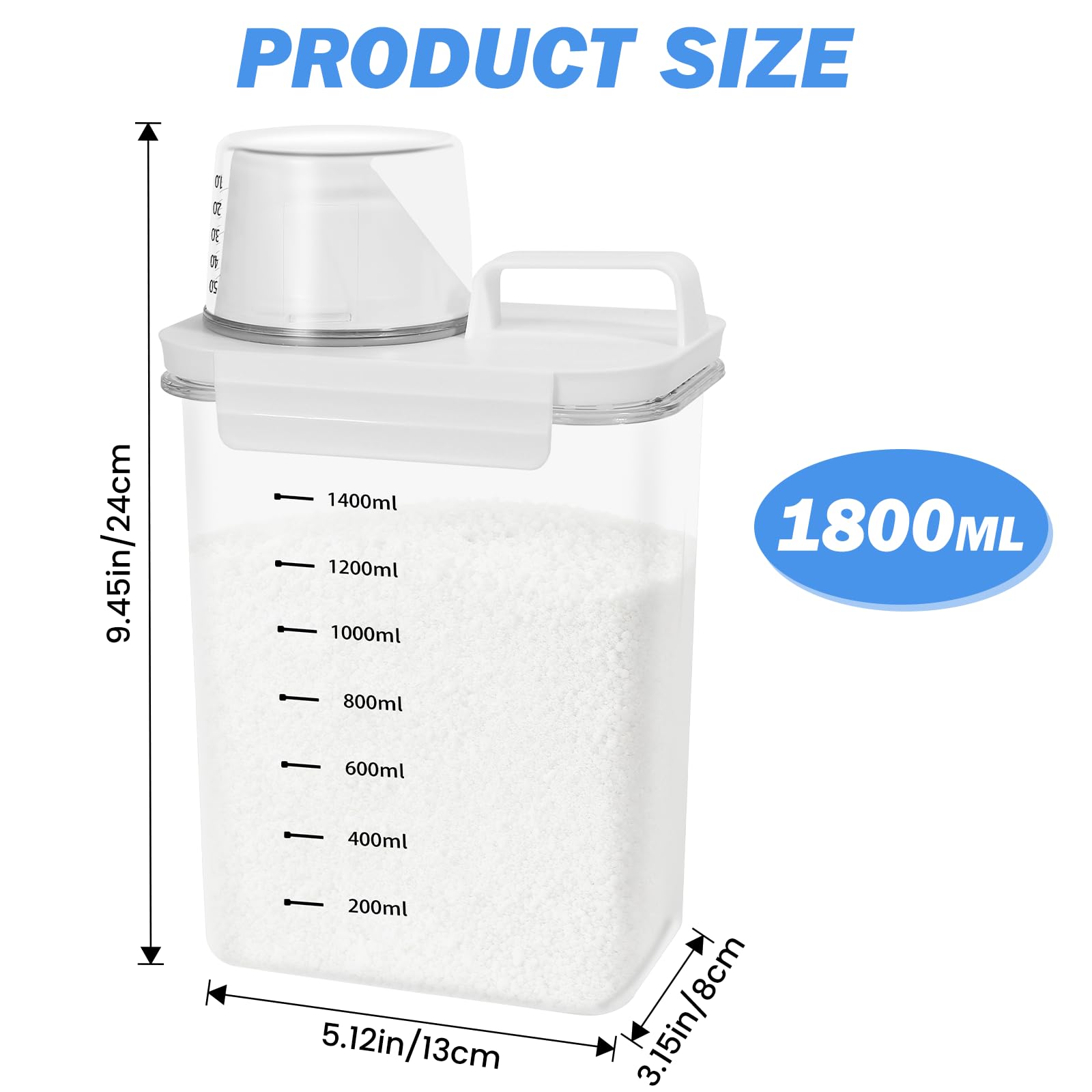 Zorplex 1800 ml Dispenser Detersivo con Misurino, Contenitori Ermetici Trasparenti per Detersivo in Polvere e Liquido, Scatole Salvaspazio Multifunzione per Bucato, Cereali, Zucchero e Alimenti Secch