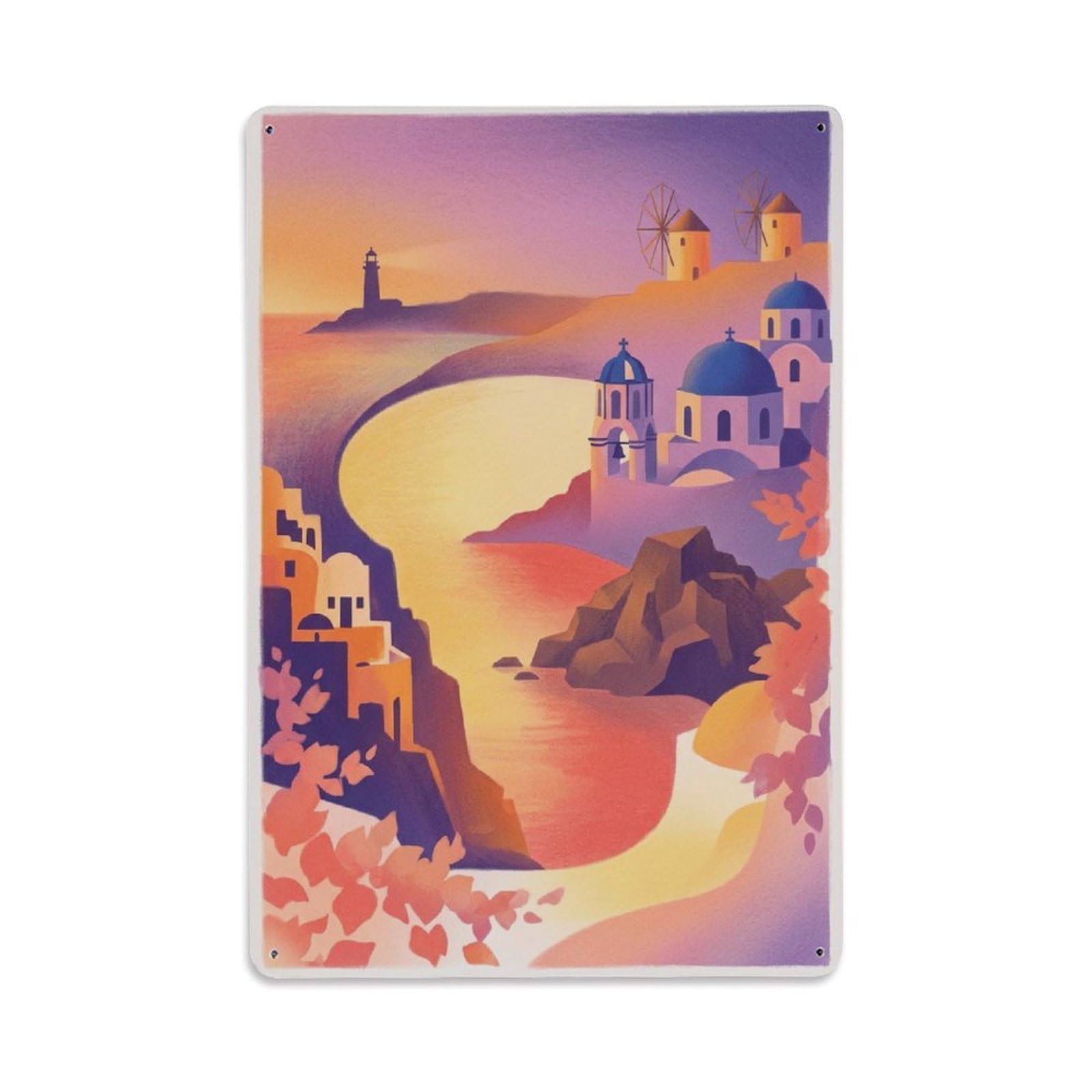 Santorini Caldera Sunset Aegean Island Cyclades Travel Metal Tin Sign Plaque Wall Decor for Cafe, Man Cave, Club Bar, Office, Home Garden Round Metal Poster 8x12Inch