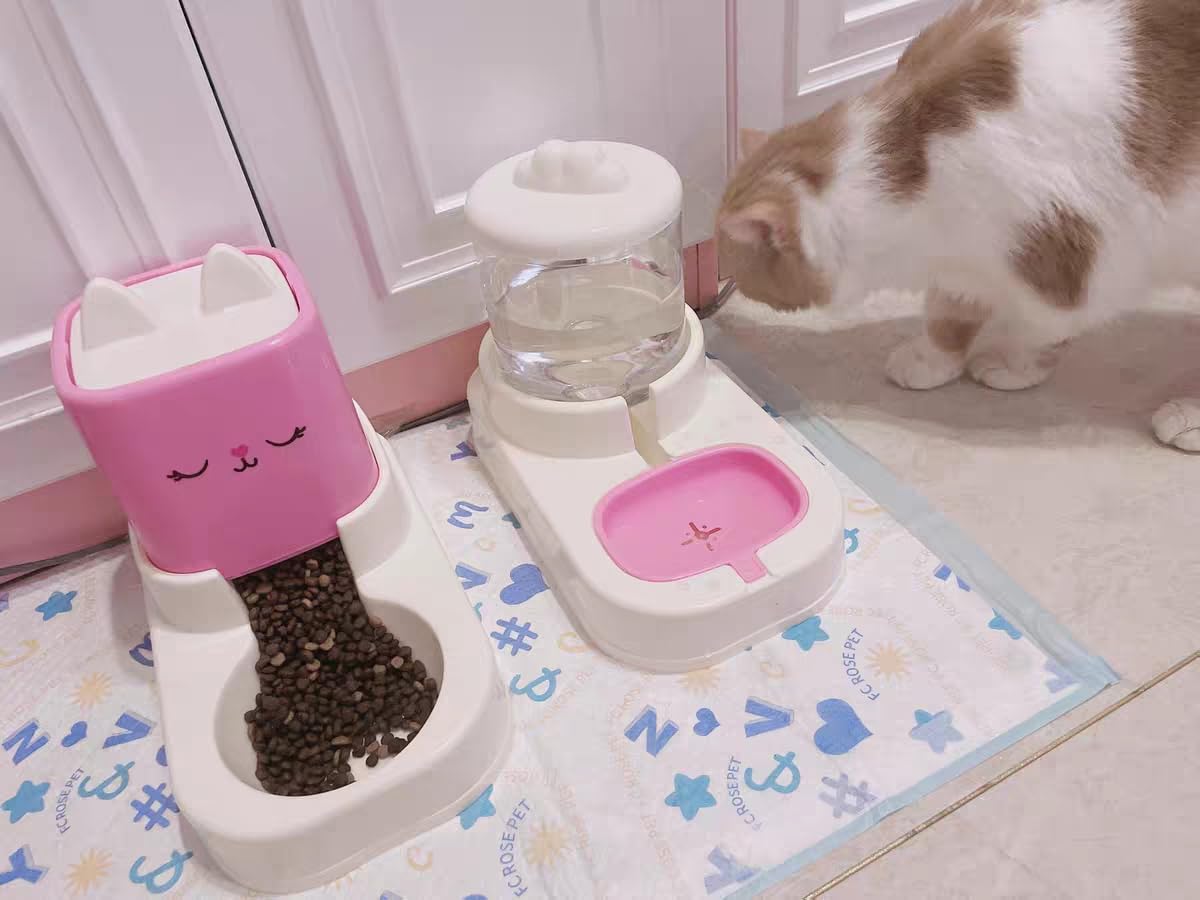 Distributeur Croquettes Chat, Distributeur Eau Chat, Gamelle Chat Automatique, 2 gamelles avec Distributeur d'eau - 2,2 l + 1,8 l (Rose)