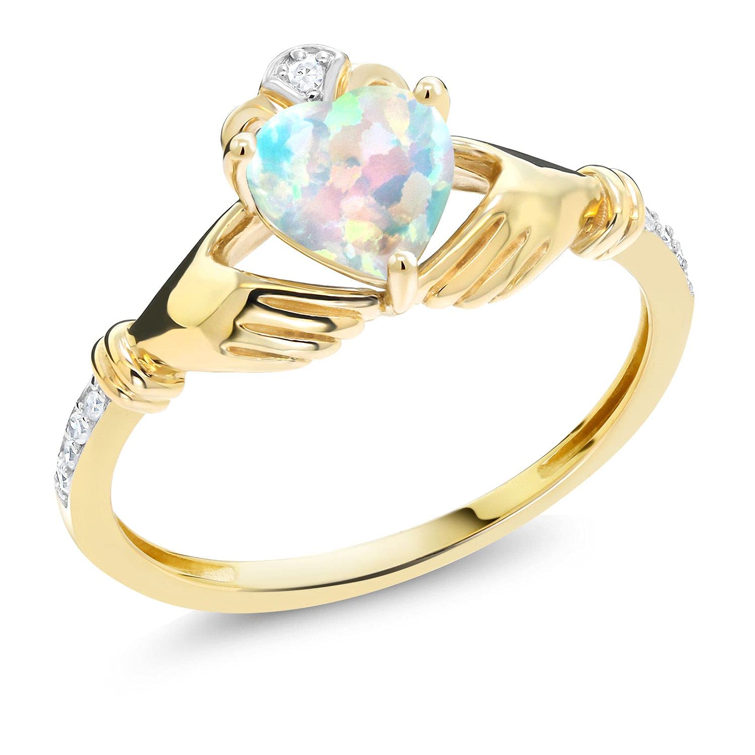 Gem Stone King 10K Yellow Gold 6MM Heart Shape Gemstone Birthstone and White Diamond Irish Celtic Claddagh Engagement Ring