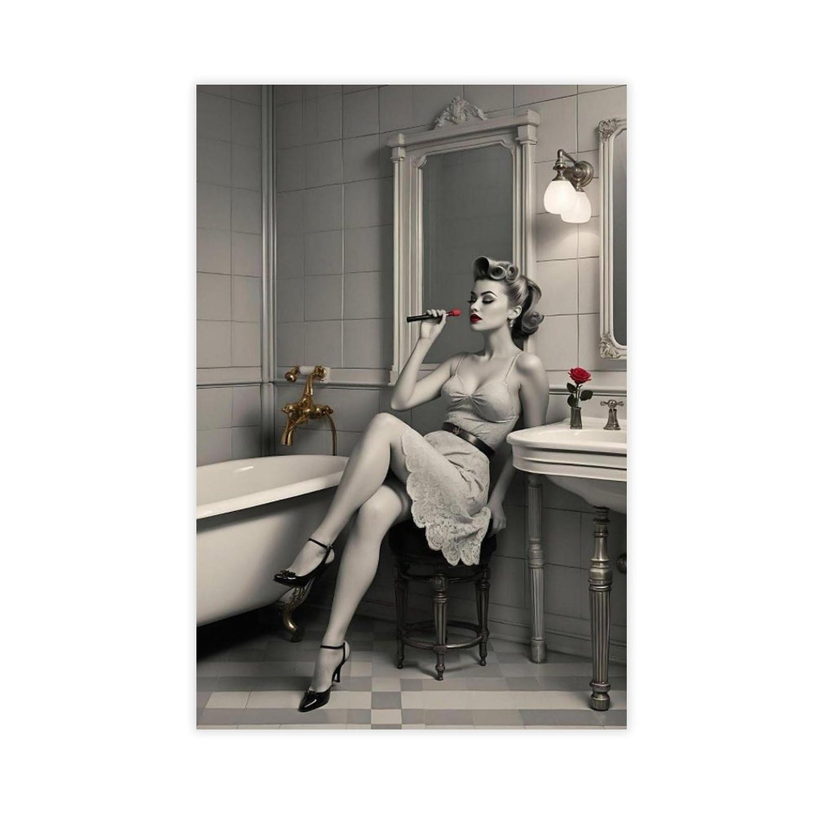 WLQZFRWV Vintage Pinup Bathroom, Retro Glamour Canvas Poster Bedroom Decor Landscape Office Room Decor Gift 12x18inch(30x45cm)