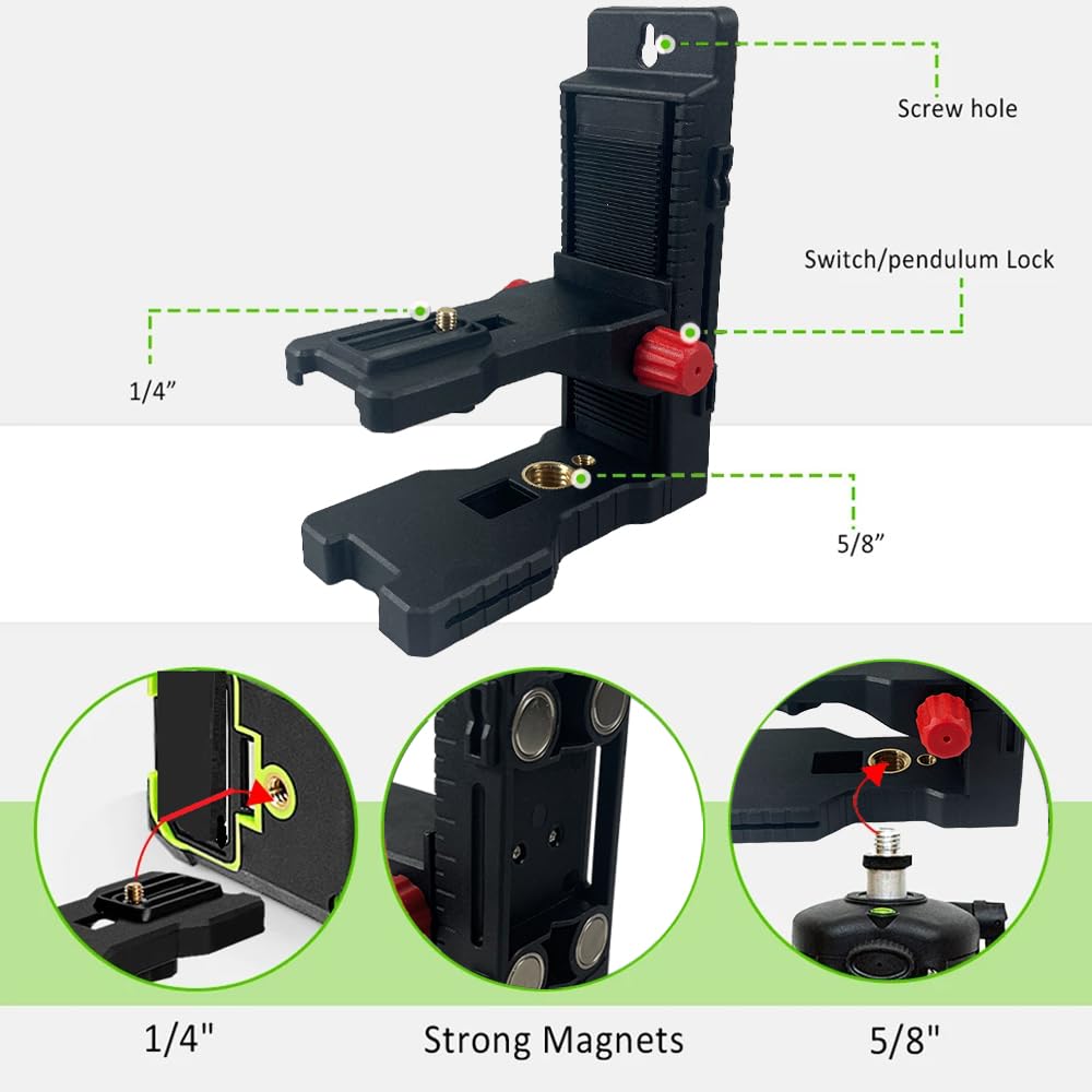 DJ800 Staffa di regolazione fine per livelli laser a linee e punti, filettatura maschio 1/4"-20 Base girevole magnetica a forma di L con supporti filettati femmina da 1/4"-20 e 5/8"-11 sul fondo per