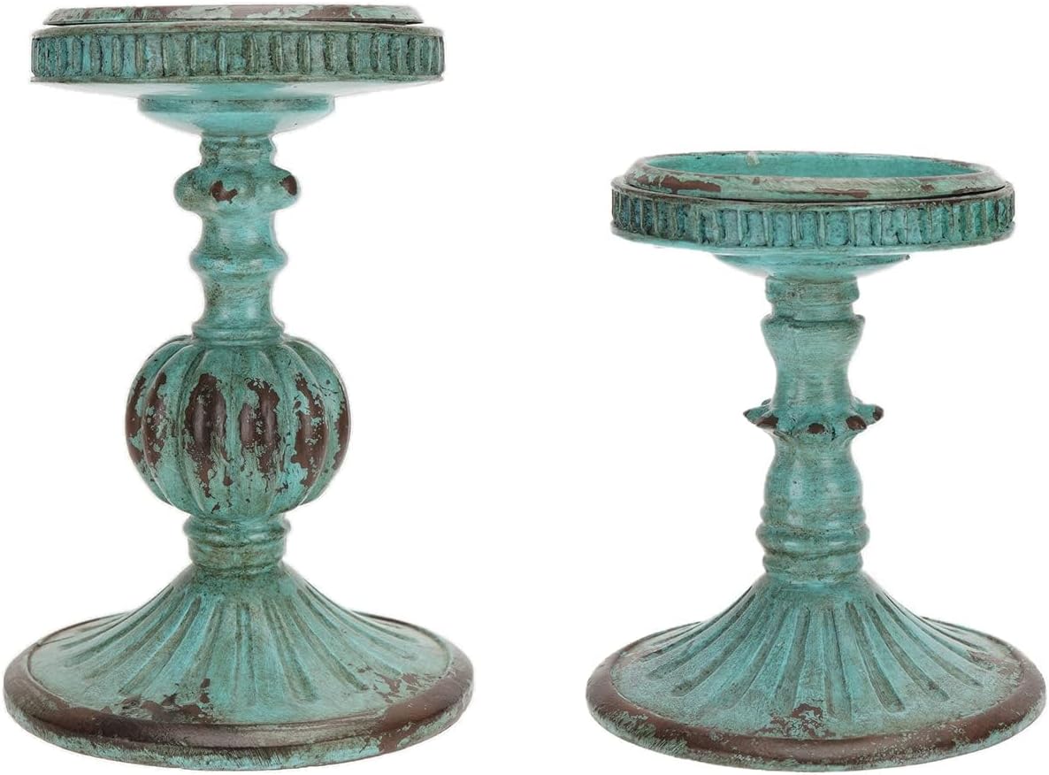 SOFFEE DESIGN Set of 2 Antique Resin Pillar Candle Holder Sets, Vintage Cylindrical Candlestick Stand Home Decor for Dining, Living Room, Mantel, Table Centerpiece, Retro Blue Candleholder Decor