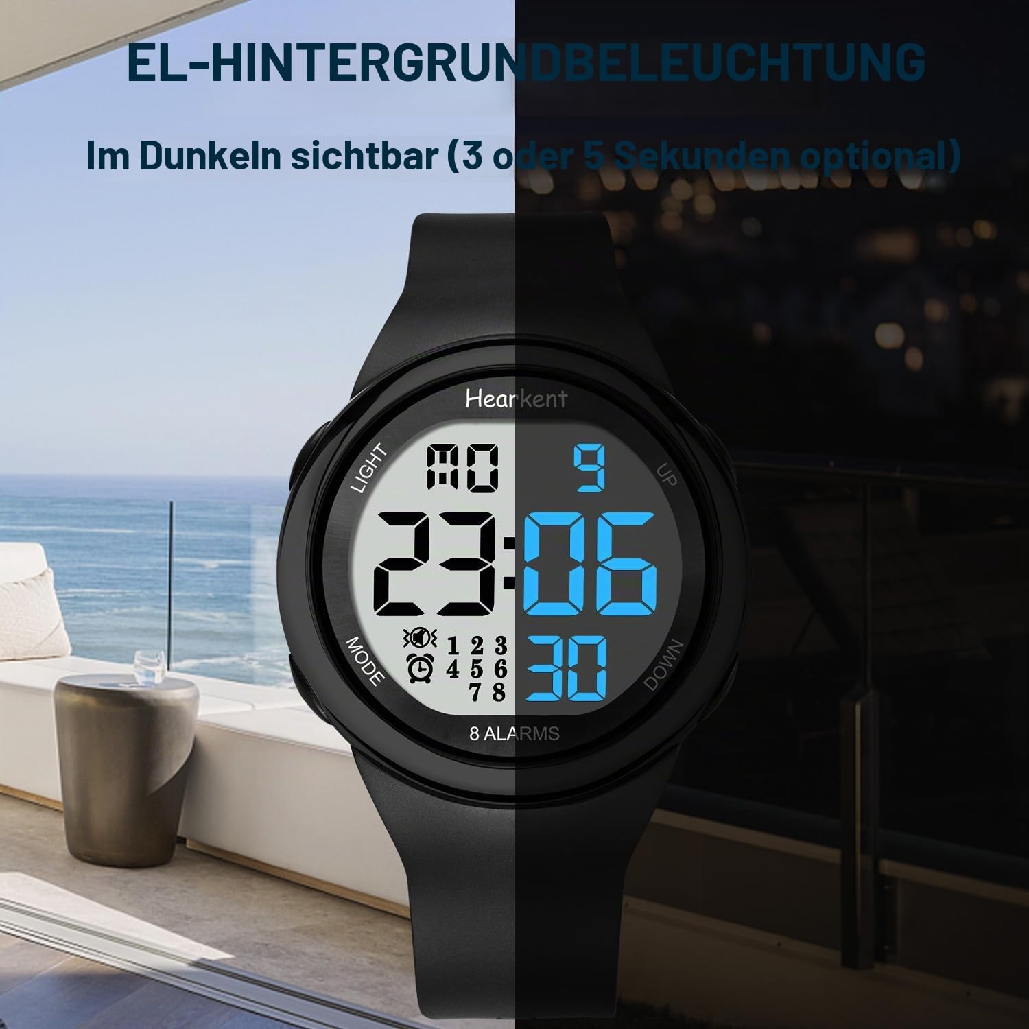 Hearkent Wasserdichte Uhr mit 8 Vibrationsalarmen, Medizin, Pillen-Erinnerung, Uhr für ältere Menschen, Senioren, LCD-Anzeige, große Zahlen mit Hintergrundbeleuchtung