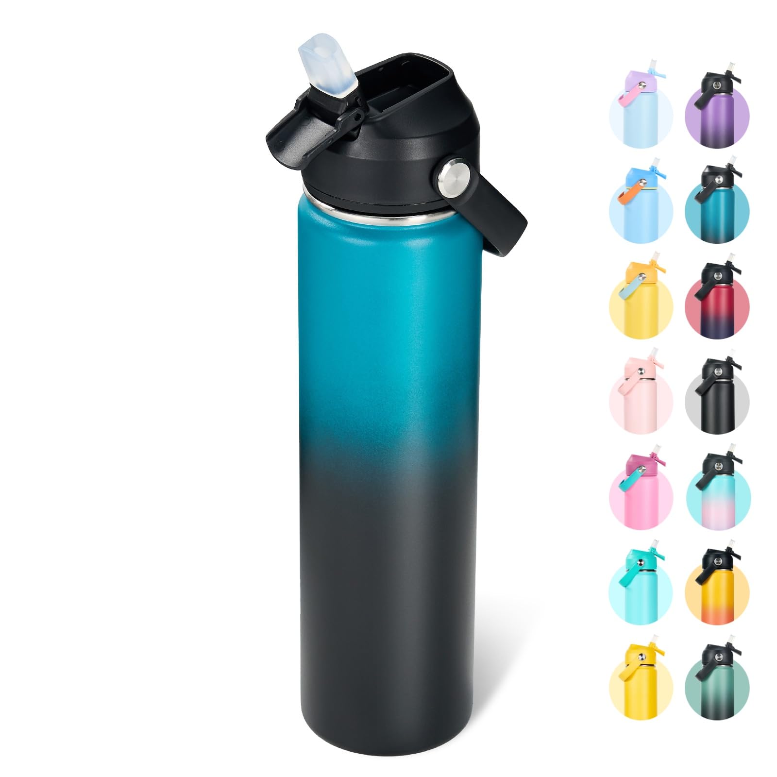 Fijinhom 24oz Insulated Stainless Steel Water Bottle, Wide Mouth Double Wall Vacuum, Silicone Straw, Sweat & Leak Proof, BPA Free Insulated Water